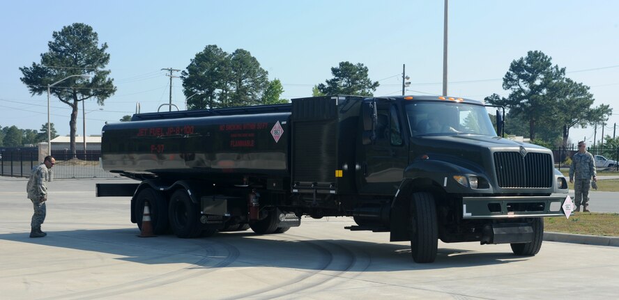 SEYMOUR JOHNSON AIR FORCE BASE, N.C. – Senior Airman Richard Gerber maneuvers an R-11 aircraft refueling truck around a cone during the 4th Logistics Readiness Squadron fuels turkey shoot competition here May 7, 2010. This phase of the competition included maneuvering the “big, green trucks” through an obstacle course of sharp turns and tight spaces. Airman Gerber, 4th LRS fuels distribution specialist, hails from Sacramento, Calif. (U.S. Air Force photo/Staff Sgt. Heather Stanton)