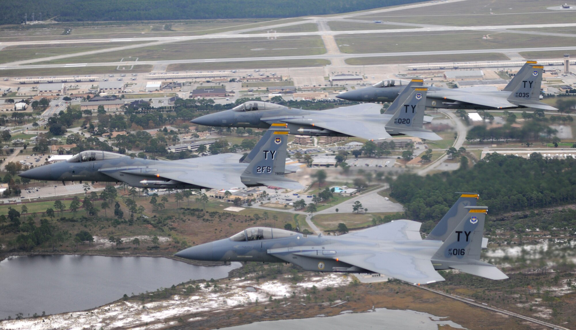 F-15s from the 2nd Fighter Squadron conduct a four-ship formation over Tyndall Air Force Base.  (Courtesy photo)