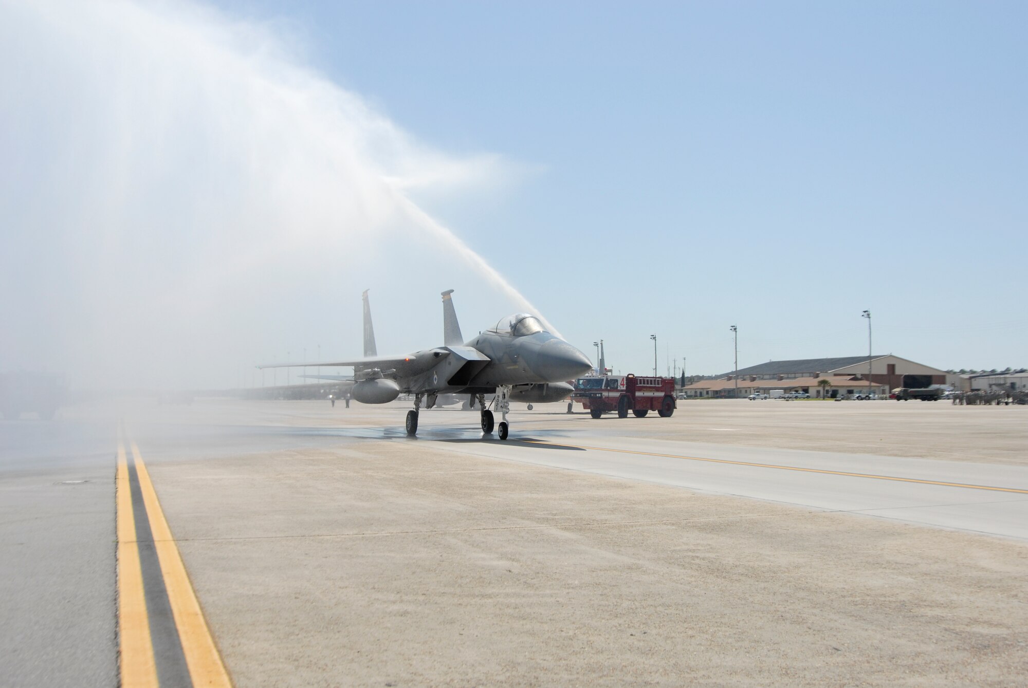 An F-15 of the 2nd Fighter Squadron’s final mission taxis on the runway having completed the squadron's final at Tyndall Air Force base.  (Courtesy photo)