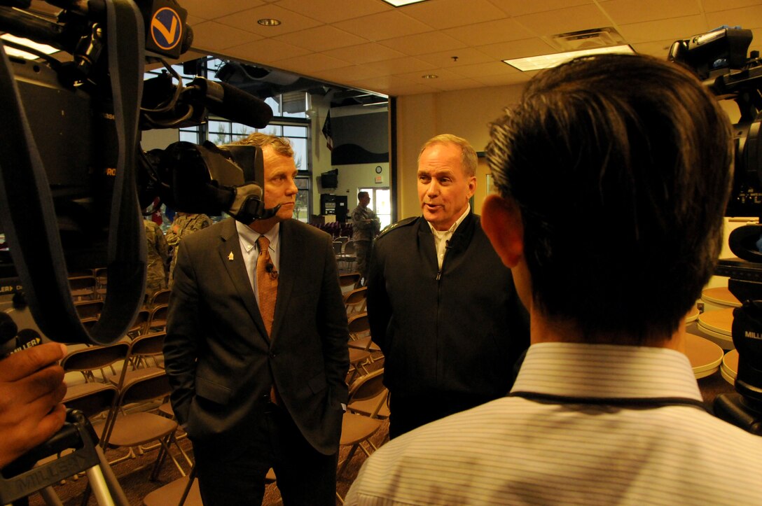 Maj. Gen. Gregory Wayt, National Guard adjutant general for the State of Ohio answers questions from the media at the new mission announcement for the 178th Fighter Wing, Springfield, Ohio along with Sen. Sherrod Brown, D-Ohio May 10, 2010.