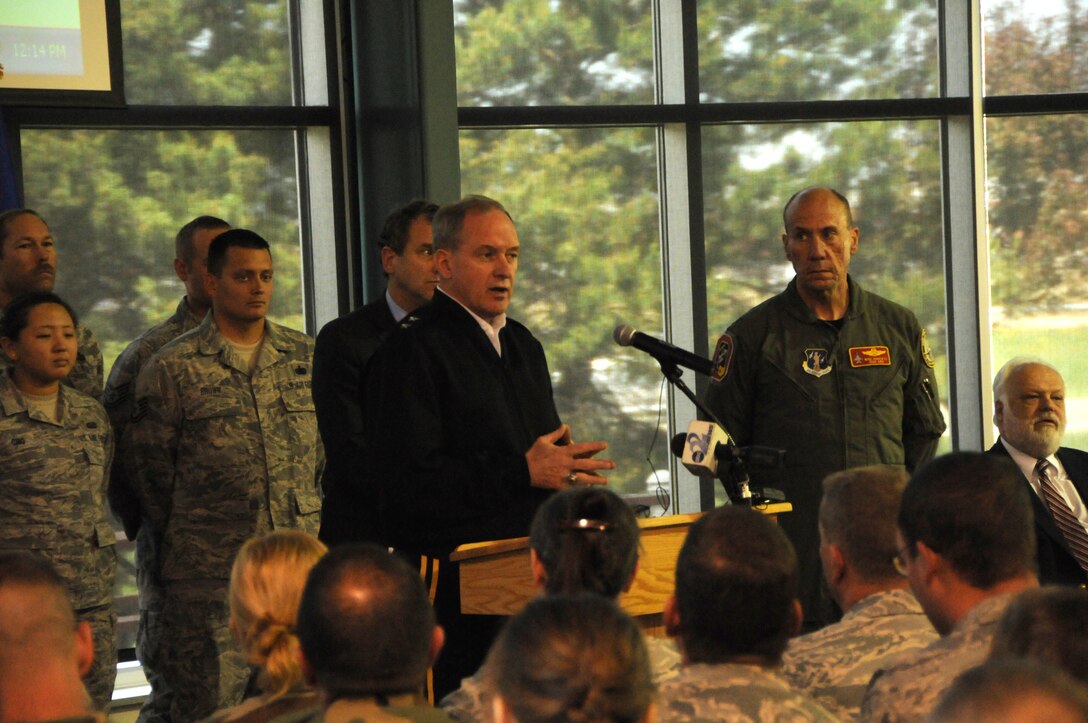 Maj. Gen. Gregory Wayt, National Guard adjutant general for the State of Ohio addresses unit members at the new mission announcement for the 178th Fighter Wing, Springfield, Ohio  May 10, 2010.