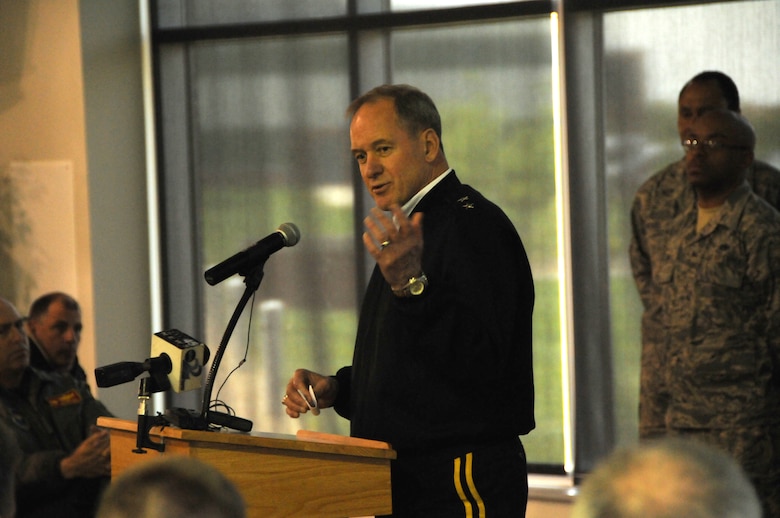 Maj. Gen. Gregory Wayt, National Guard adjutant general for the State of Ohio addresses unit members at the new mission announcement for the 178th Fighter Wing, Springfield, Ohio  May 10, 2010.