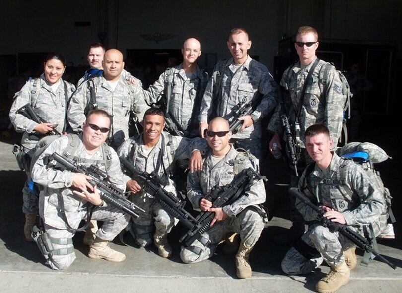 Members of the 302nd Security Forces Squadron pose a for a group photo May 4 before departing for the Patriot Defender combat skills training course at Fort Wolters Military Reservation, near Mineral Wells, Texas. The training prepares security forces personnel for overseas deployments, including how to respond to an improvised explosive device detonation and defend a convoy from enemy attack. The training also provides the Airmen an opportunity to sharpen their skills in law enforcement and military police duties. Patriot Defender also accomplishes the Reservists' three-year training requirement for security operations. Known as the "Wolf Pack," the 302nd SFS is assigned to the Air Force Reserve's 302nd Airlift Wing, a C-130 Hercules airlift wing based at Peterson. More than 35 members of the 302nd SFS returned in early 2009 from a six-month deployment to Kirkuk Regional Air Base in northern Iraq. (U.S. Air Force photo)