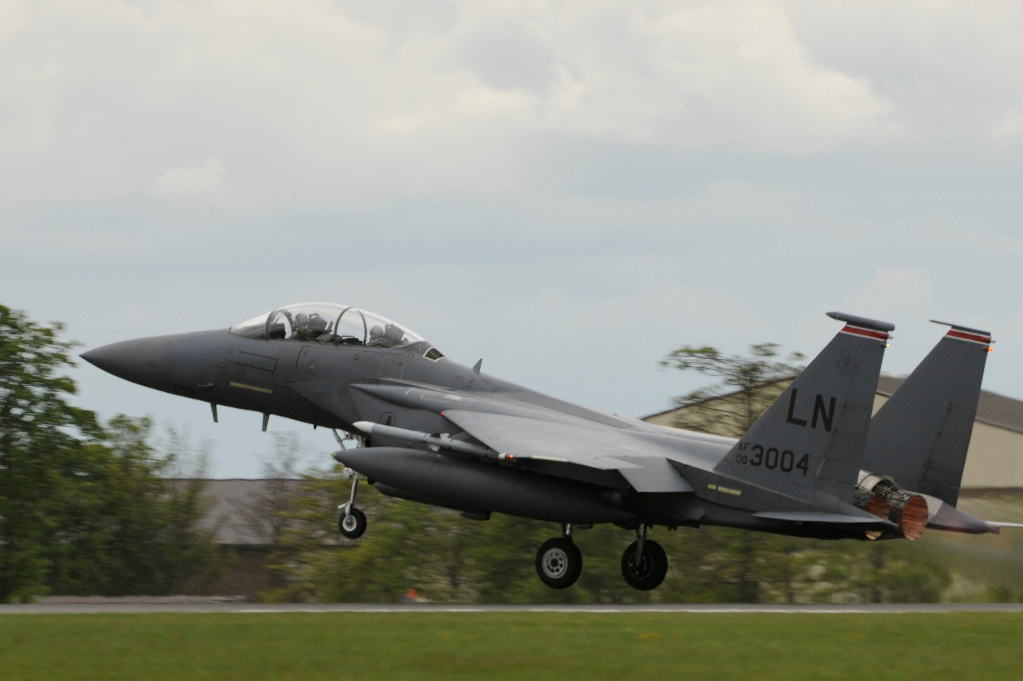 An F-15 Eagle from the 48th Fighter Wing takes off from RAF Mildenhall, England, April 11, 2010. The F-15, its crew chief, support personnel and equipment will be operating out of the base for the next month so its home runway at RAF Lakenheath can be repaired.  (U.S. Air Force photo by Tech. Sgt. Nathan Gallahan)