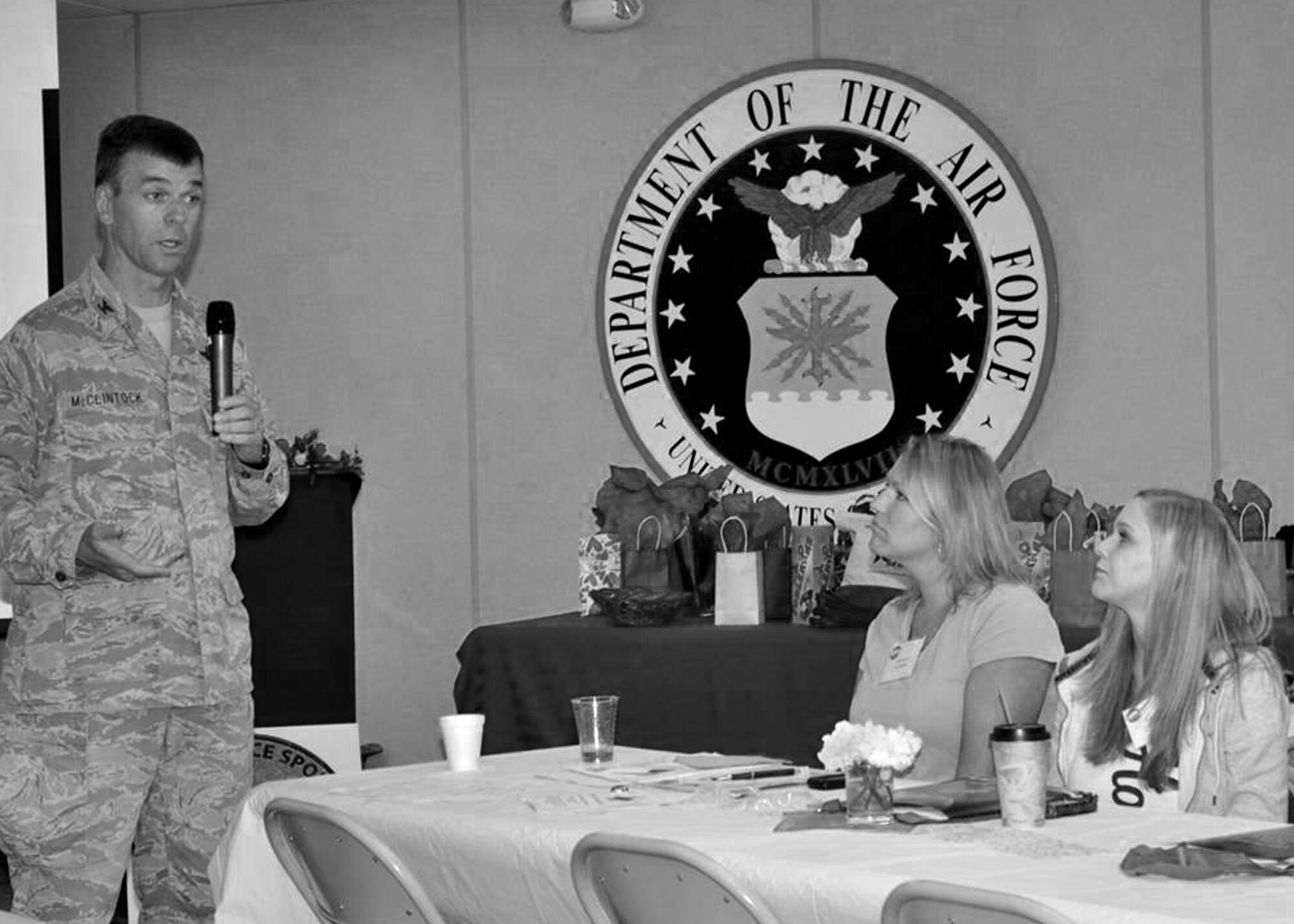 Col. Bruce McClintock, 96th Air Base Wing commander, addresses Team Eglin spouses at spouse apprecation event May 7 at Eglin Air Force Base, Fla.  (Courtesy photo.)