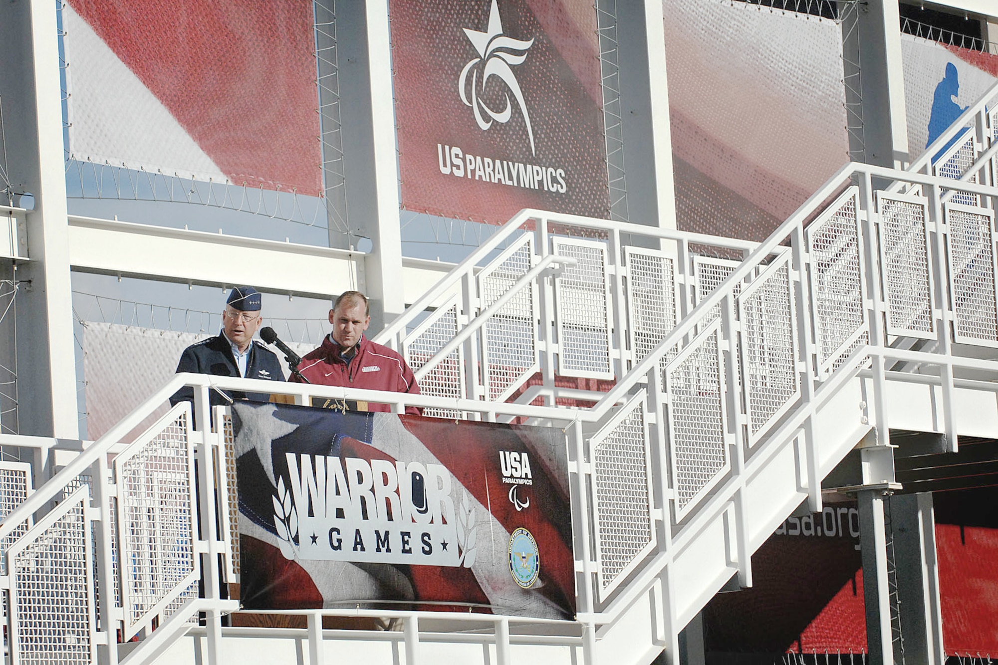 Gen. Victor E. Renuart Jr. speaks at the opening ceremonies of the inaugural Warrior Games May 10, 2010, at the Olympic Training Center in Colorado Springs, Colo. Also pictured is Charlie Huebner, the chief of U.S. Paralympics. General Renuart is the commander of U.S. Northern Command. (Defense Department photo/Fred W. Baker III)