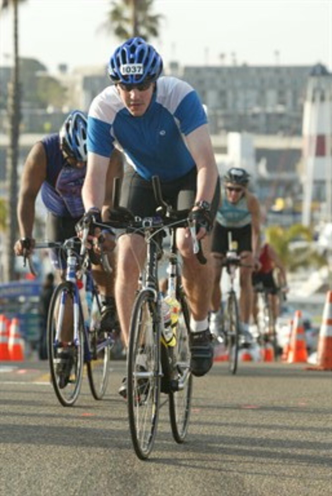 Maj. Steven Bogstie, Space and Missile Systems Center's Strategic Plans and Programs action officer, starts his 56-mile bike ride at the Ironman California 70.3 triathlon in late March 2009, seven months after surviving a rare blood cancer. (Courtesy photo)