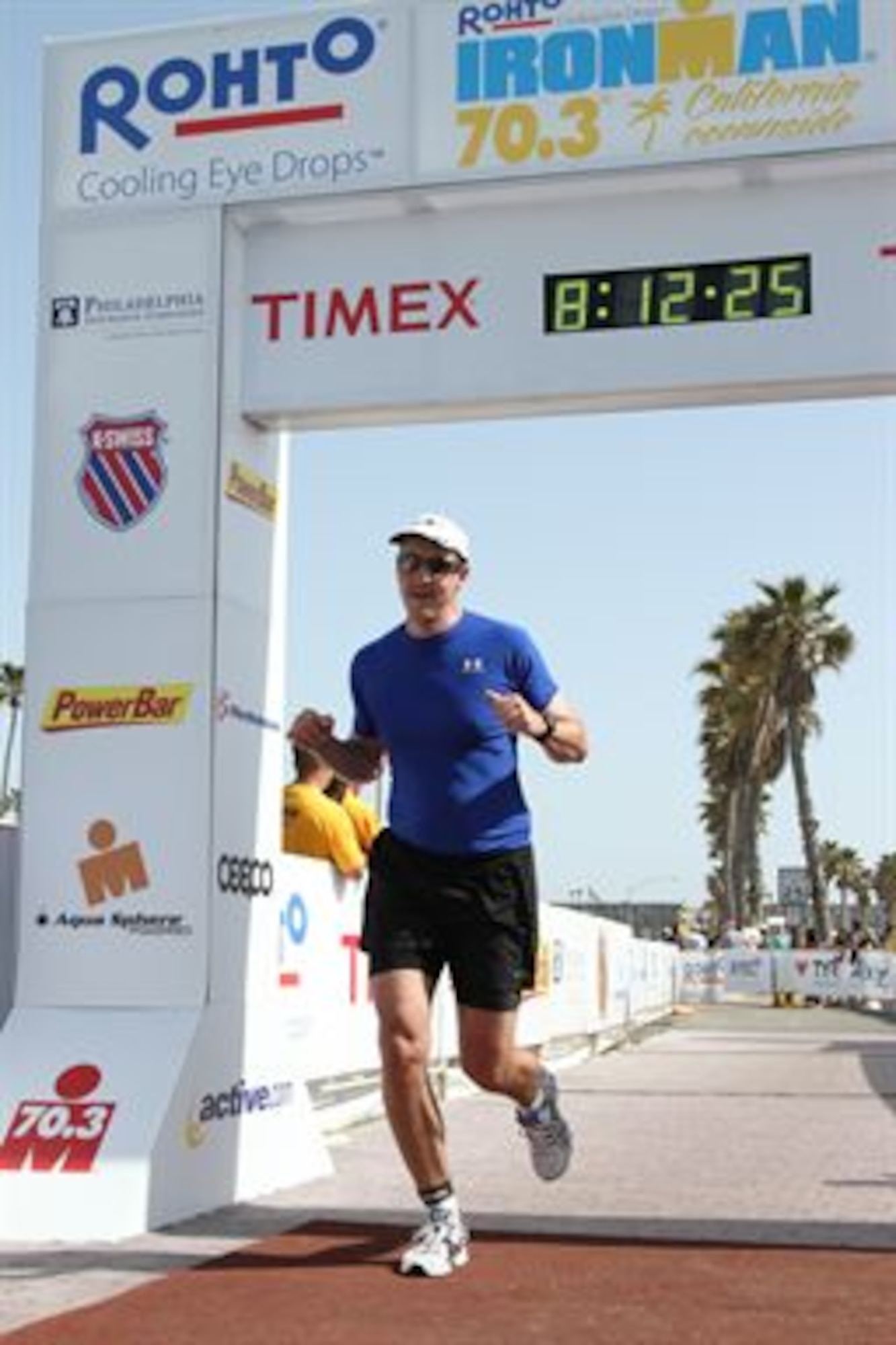 Maj. Steven Bogstie, Space and Missile Systems Center's Strategic Plans and Programs action officer, crossed the finish line at the Ironman California 70.3 triathlon in late March 2009, seven months after surviving a rare blood cancer. (Courtesy photo)