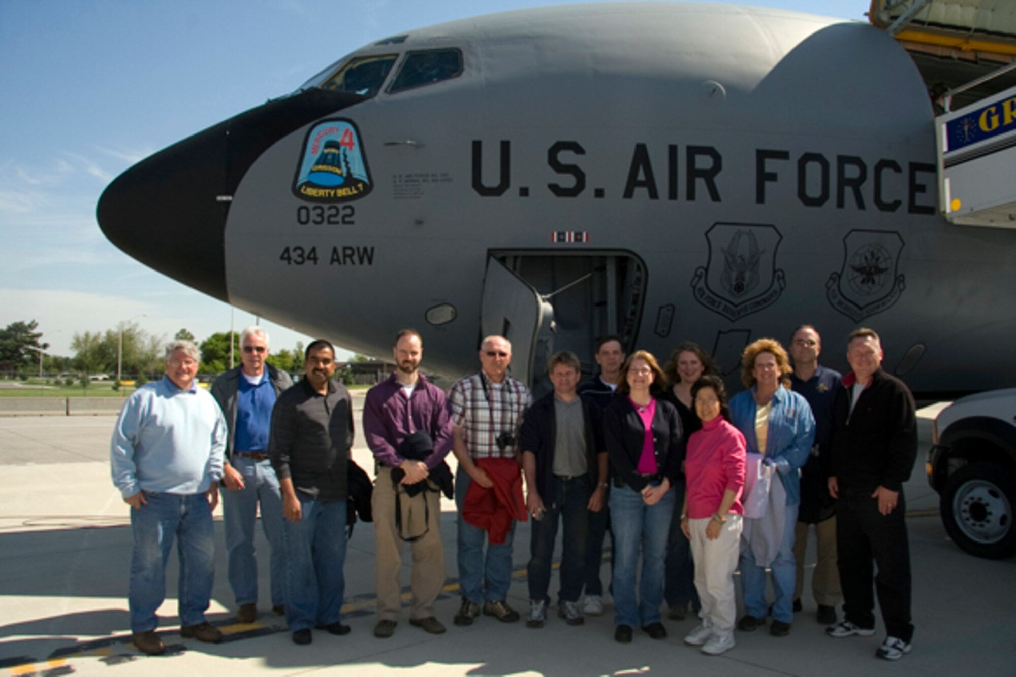 GRISSOM AIR RESERVE BASE, Ind. -- Local civic leaders take a moment to pose in front of a KC-135R Stratotanker aircraft just prior boarding for an orientation flight held here recently. The orientation flight gave civic leaders a first-hand look at the mission of the 434th Air Refueling Wing.  The civic leader flight program is just one of a number of community outreach activities sponsored by Grissom ARB. (U.S. Air Force photo/Tech. Sgt. Mark R. W. Orders-Woempner)