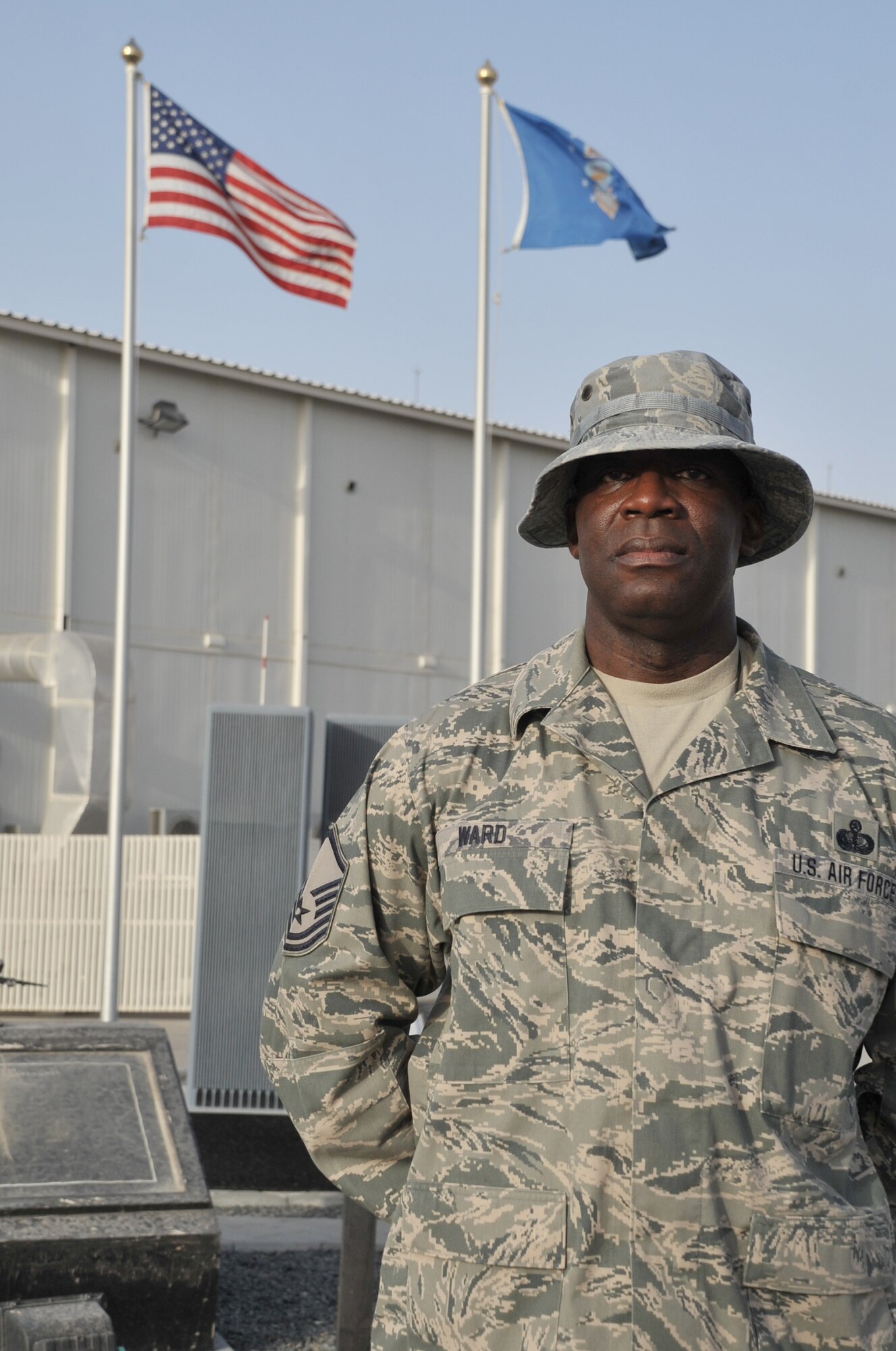 Master Sgt. Brian Ward Sr. is the superintendent of lodging for the 380th Expeditionary Force Support Squadron of the 380th Air Expeditionary Wing at a non-disclosed base in Southwest Asia. Here he is pictured on May 10, 2010. He is deployed from the 127th Force Support Squadron at Selfridge Air National Guard Base, Mich., and his hometown is Detroit, Mich. (U.S. Air Force Photo/Master Sgt. Scott T. Sturkol/Released)