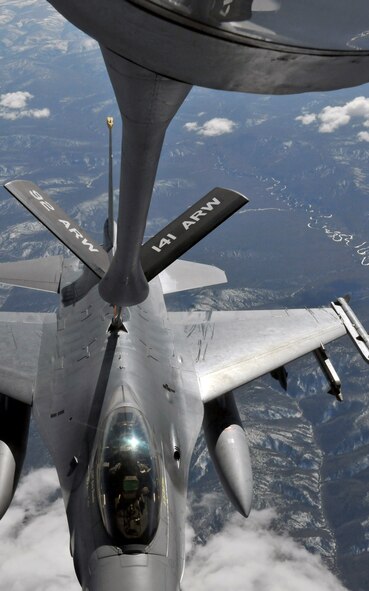 An F-16 Fighting Falcon pilot with the 80th Fighter Squadron, Kunsan Air Base, Republic of Korea, receives fuel from a KC-135 Stratotanker from Fairchild Air Force Base, Wash., during Red Flag-Alaska April 27. Red Flag-Alaska is a field training exercise that provides joint offensive counter-air, interdiction, close air support, and large force employment training in a simulated combat environment. (U.S. Air Force photo/Capt. Shannon Collins)