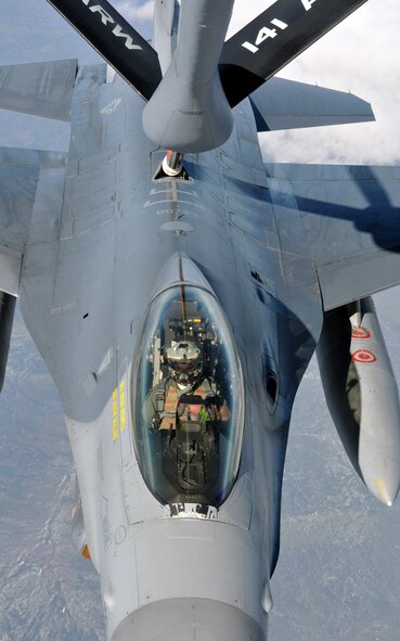 An F-16 Fighting Falcon pilot with the 80th Fighter Squadron, Kunsan Air Base, Republic of Korea, receives fuel from a KC-135 Stratotanker from Fairchild Air Force Base, Wash., during Red Flag-Alaska April 27. Red Flag-Alaska is a field training exercise that provides joint offensive counter-air, interdiction, close air support, and large force employment training in a simulated combat environment. (U.S. Air Force photo/Capt. Shannon Collins)