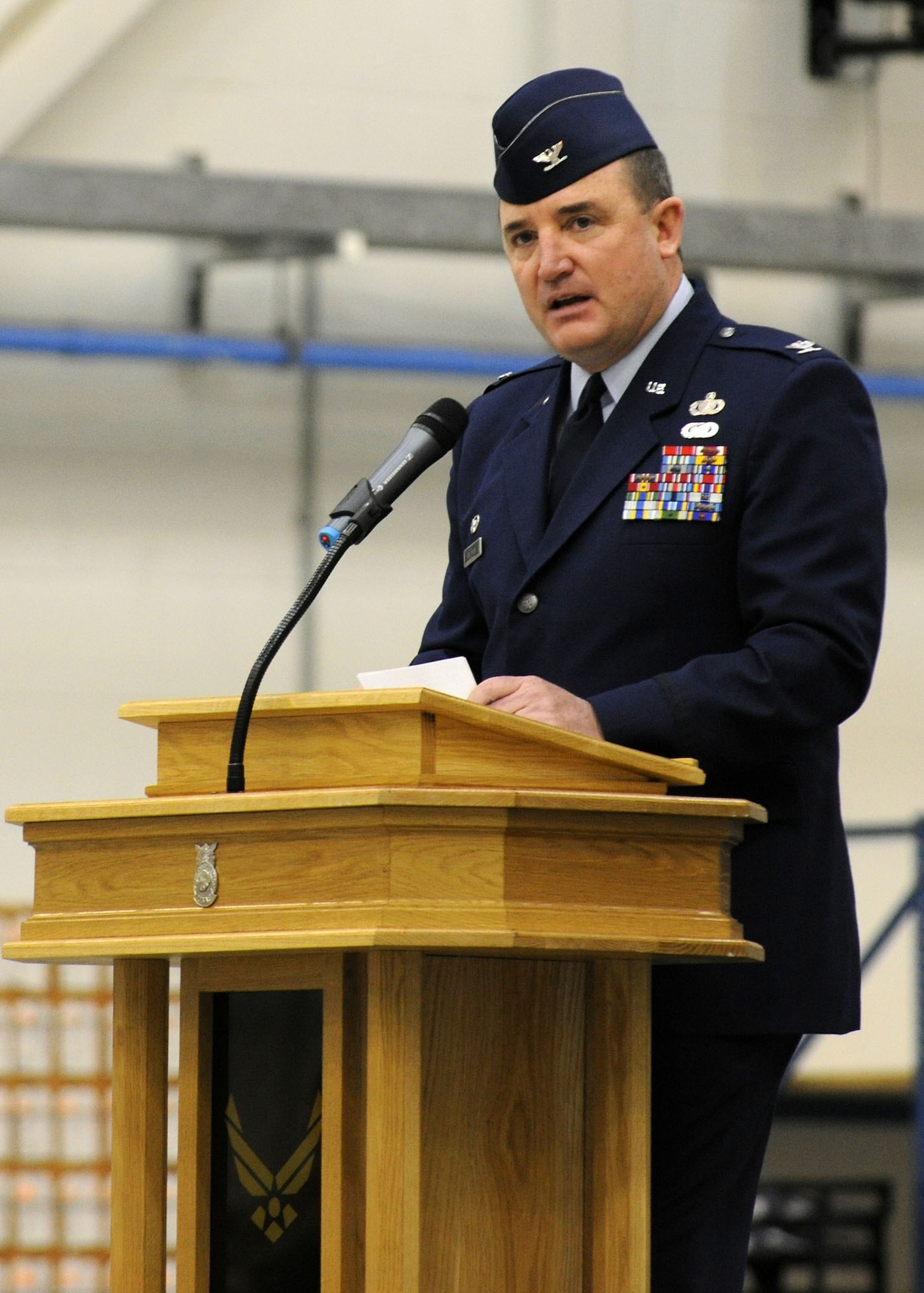 RAF MILDENHALL, England – Outgoing 100th Mission Support Group Commander Col. Jeffery Bateman gives a speech thanking all the men and women within the group for their hard work and dedication during his time as commander at the group's change of command ceremony May 7.  Col. Bateman is retiring after more than 30 years of military service. (U.S. Air Force photo/ Staff Sgt. Jerry Fleshman)