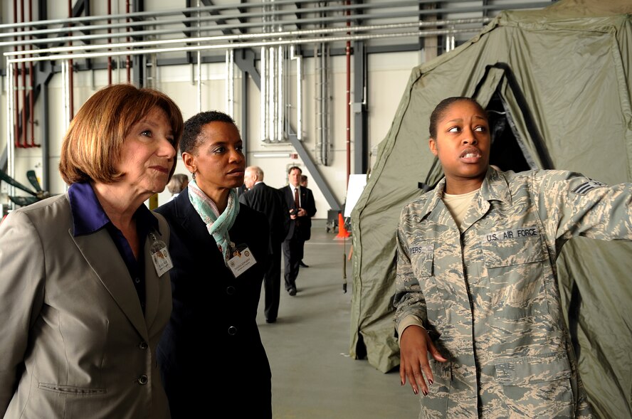 Rep. Susan  A. Davis (Cali), Chairwoman of the Subcommittee on Military Personnel (left) and Rep. Donna Edwards (MD), is given a facilities tour by U.S. Air Force Senior Airman Nikki Myers, 435th Air Mobility Squadron, Ramstein Air Base, Germany, May 10, 2010. The tour was part of a Congressional Delegation which visited U.S. and Allied forces in the U.S. Central Command Area of Responsibility and in Germany. (U.S. Air Force photo by Airman 1st Class Grovert Fuentes-Contreras) 