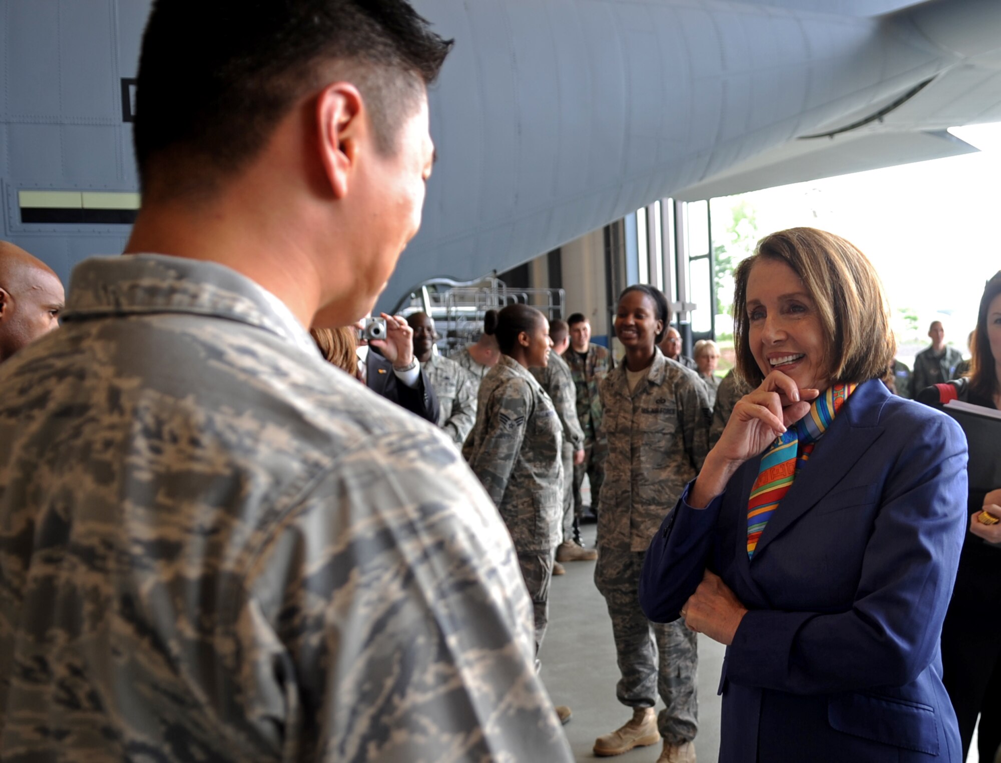 Nancy Pelosi, Speaker of the U.S. House of Representatives, talks with U.S. Air Force Capt. Walter Gray, 435th Air Mobility Squadron operations flight commander, during a facilities tour, Ramstein Air Base, Germany, May 10, 2010. The tour was part of a Congressional Delegation which visited U.S. and Allied forces in the U.S. Central Command Area of Responsibility and in Germany. (U.S. Air Force photo by Airman 1st Class Grovert Fuentes-Contreras)