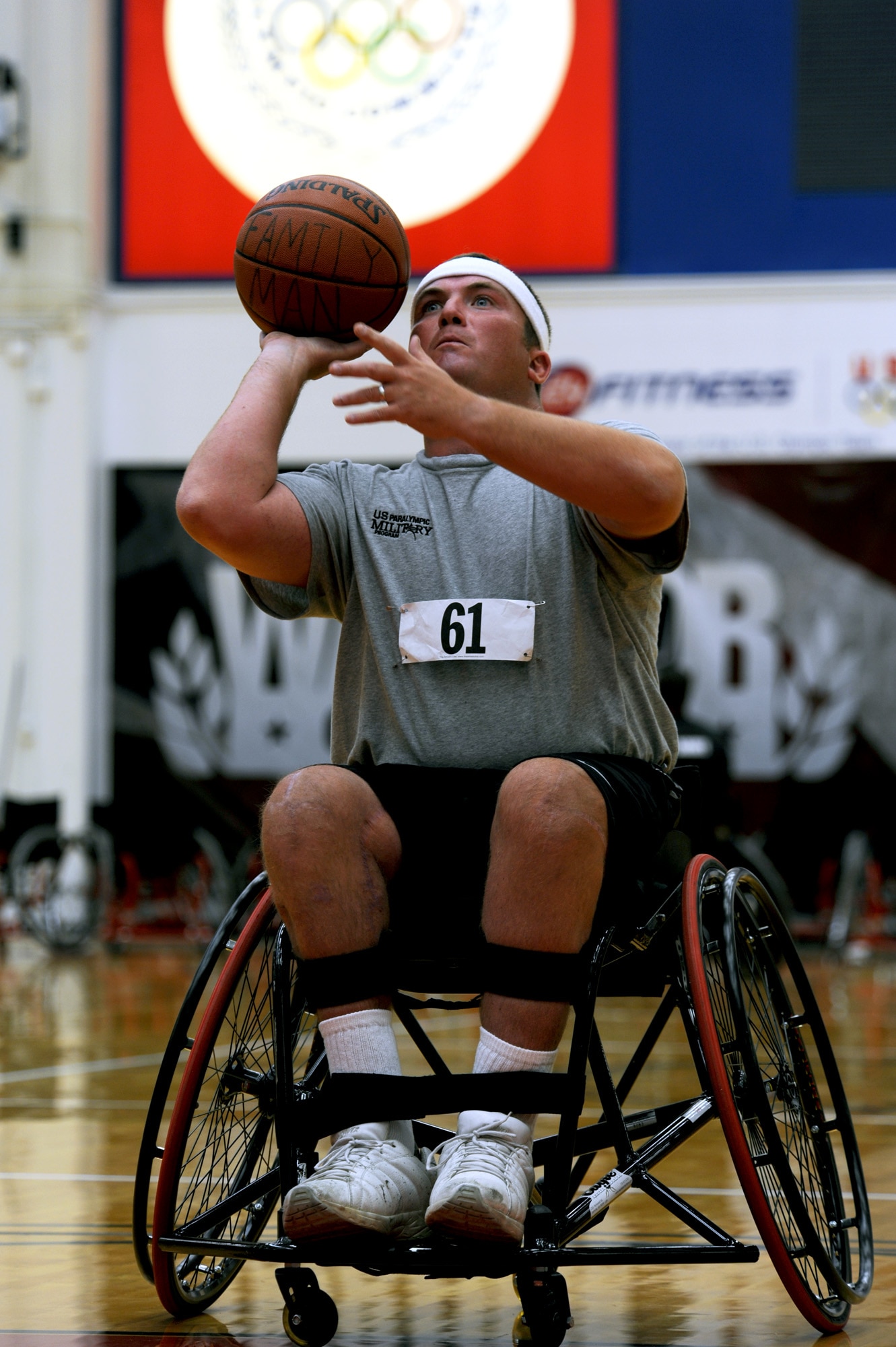 Staff Sgt. Richard Pollock II, a member of the Air Force wheelchair basketball team, takes a shot May 10, 2010, during a practice session at the Olympic Training Center in Colorado Springs, Colo.  Teams from the Air Force, Army, Navy, Marines and Coast Guard are participating in the inaugural Warrior Games which begin May 10 and finish May 14.  (U.S. Air Force photo/Staff Sgt. Desiree N. Palacios)