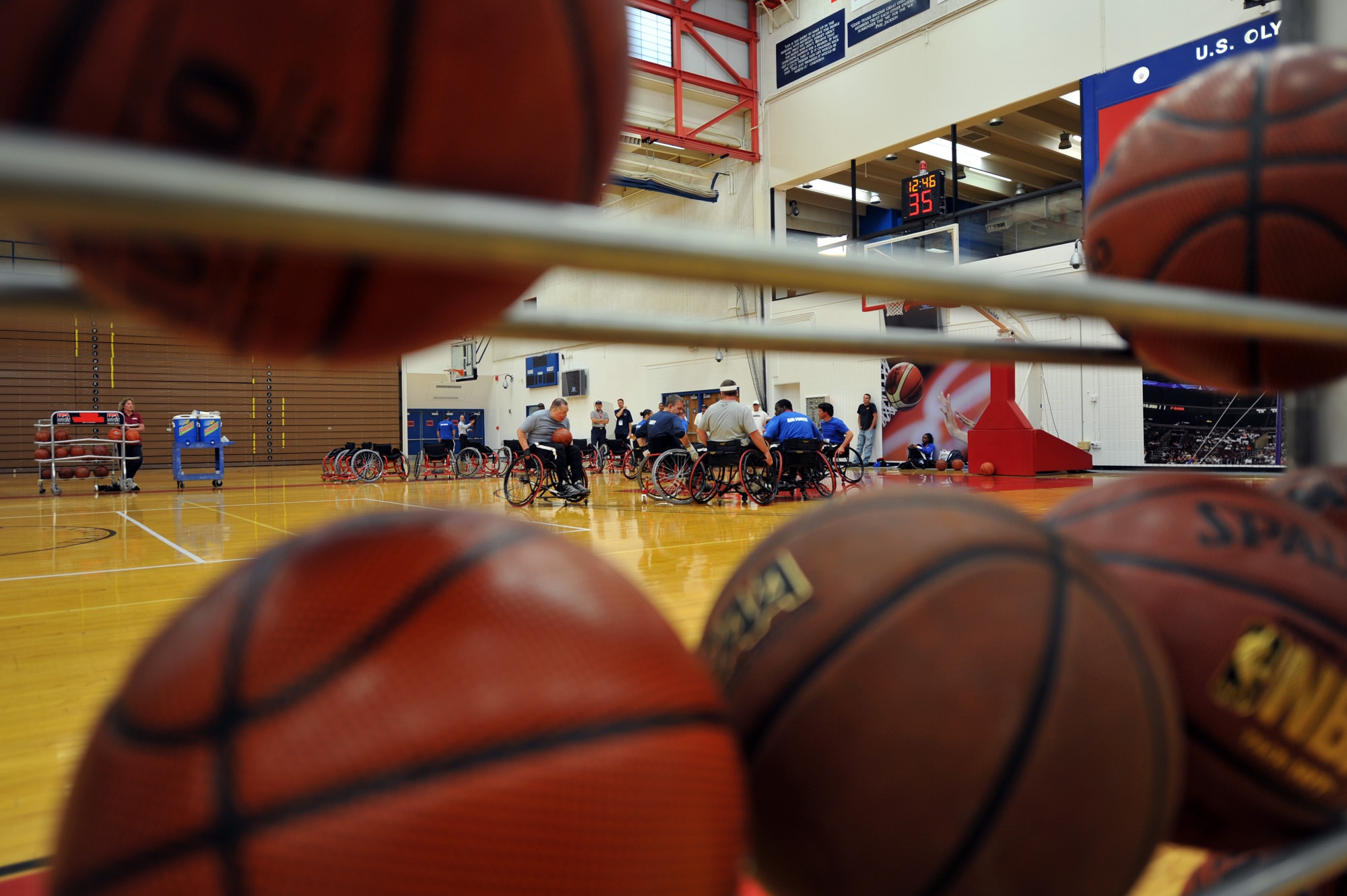 Staff Sgt. Richard Pollock II practices basketball May 10, 2010, at the Olympic Training Center in Colorado Springs, Colo., prior to the start of the inaugural Warrior Games.  Sergeant Pollock is a member of the Air Force's wheelchair basketball team. Teams from the Air Force, Army, Navy, Marines and Coast Guard are participating in the Warrior Games which begin May 10 and finish May 14.  (U.S. Air Force photo/Staff Sgt. Desiree N. Palacios)