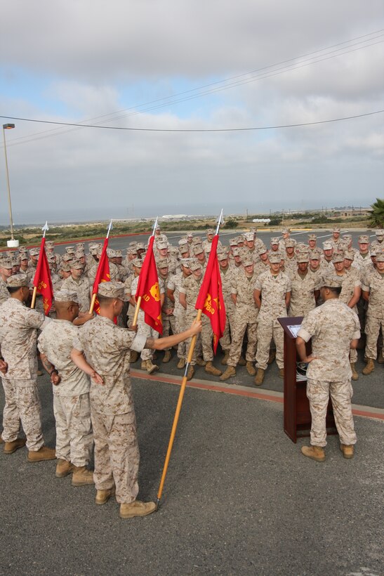 Maj. Tom Chhabra, the executive officer of 3rd Low Altitude Aerial Defense Battalion, addresses his Marines at Marine Corps Base Camp Pendleton, Calif., May 27. Chhabra told the stories behind the Marines featured on the battalion’s new “Wall of Warriors,” which honors distinguished 3rd LAAD Marines.