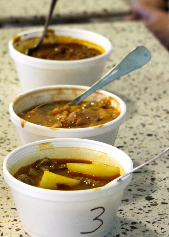 Three bowls of chili are lined up to be taste tested during Sodexo’s first Regional Chili Cook-Off Competition at Camp Pendleton’s 41 Area Mess Hall, May 11. The finalists were Sandra Malina from Marine Corps Air Ground Combat Center Twentynine Palms, Calif.; Marc Murphey from Marine Corps Recruit Depot, San Diego; and Bassel Henry from Camp Pendleton’s 22 Area Mess Hall. Murphey’s original style chiken-chili won the competition and his dish will now be served at all Sodexo dining facilities on the West Coast.