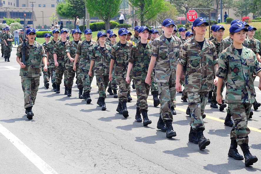Members of the Osan American High School Junior Reserve Officer Training Corps march in the annual Veterans of Foreign Wars Loyalty Day parade at Osan Air Base, Republic of Korea, May 8. This year, more than 750 people from 32 military and civilian organizations participated in the parade. (U.S. Air Force photo/Staff Sgt. Warren Spearman)