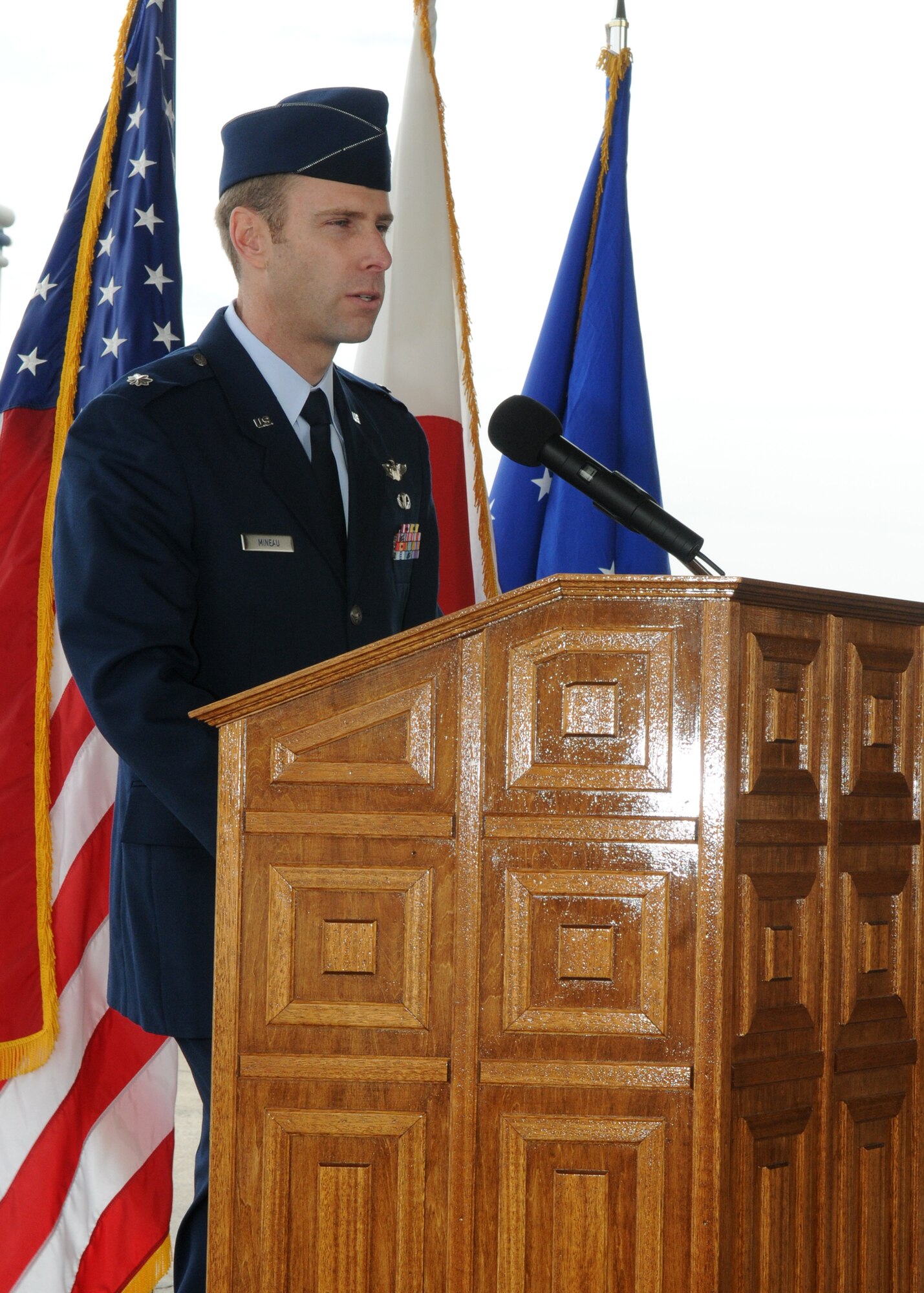 Lt. Col. David Mineau gives a speech after assuming command of the 18th Operations Support Squadron during a change of command ceremony May12, 2010. (U.S. Air Force photo/Staff Sgt. Chris Hummel)         