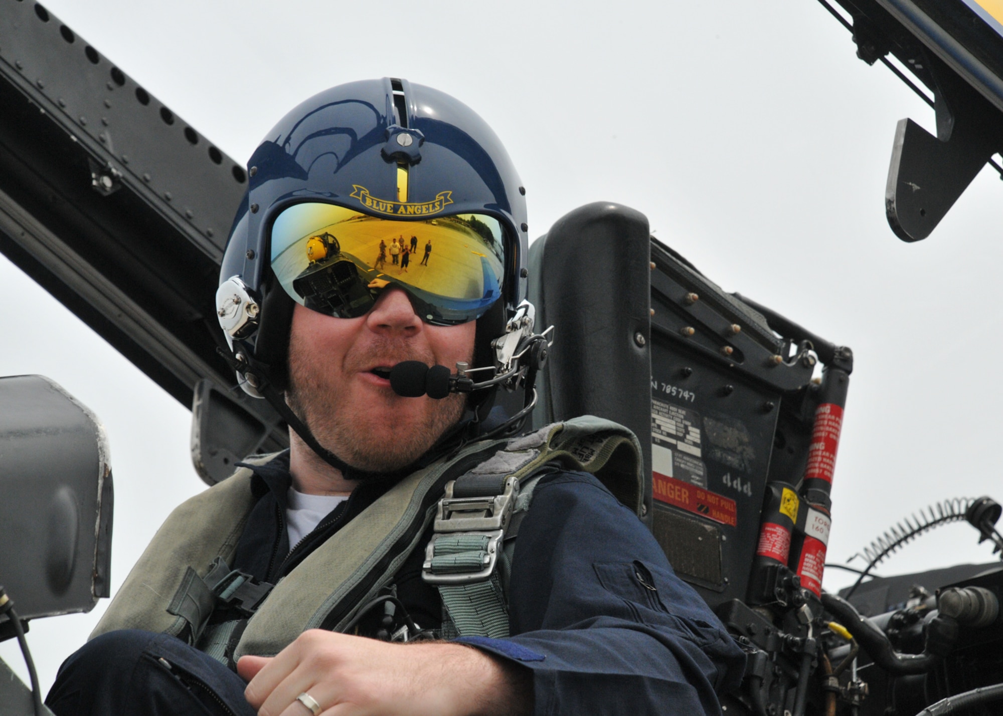 Kane, Hot 99.5 morning talk show host for “The Kane Show” on WIHT-FM Washington D.C., looks to coworkers, friends and Joint Base Andrews, Md., members in excitement prior to his flight in an F/A-18 Super Hornet May 12. Kane flew with the Blue Angels as a special media guest prior to the Joint Service Open House May 14, 15 and 16. A total of three invitees, including key community leaders, flew with the Blue Angels out of Andrews. (U.S. Air Force photo by Airman 1st Class Kat Lynn Justen)