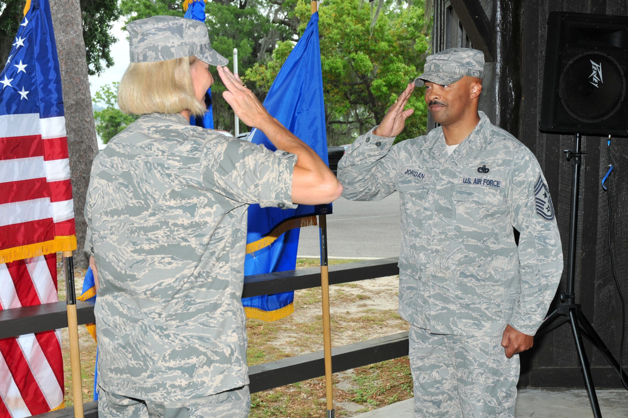 Chief Master Sgt. Linus Jordan, 2nd Air Force command chief, is reenlisted April 30, 2010 by Maj. Gen. Mary Kay Hertog, 2nd Air Force commander. Chief Jordan has served in the Air Force since 1988 and reenlisted to commit another four years.
(U.S. photo by Adam Bond)