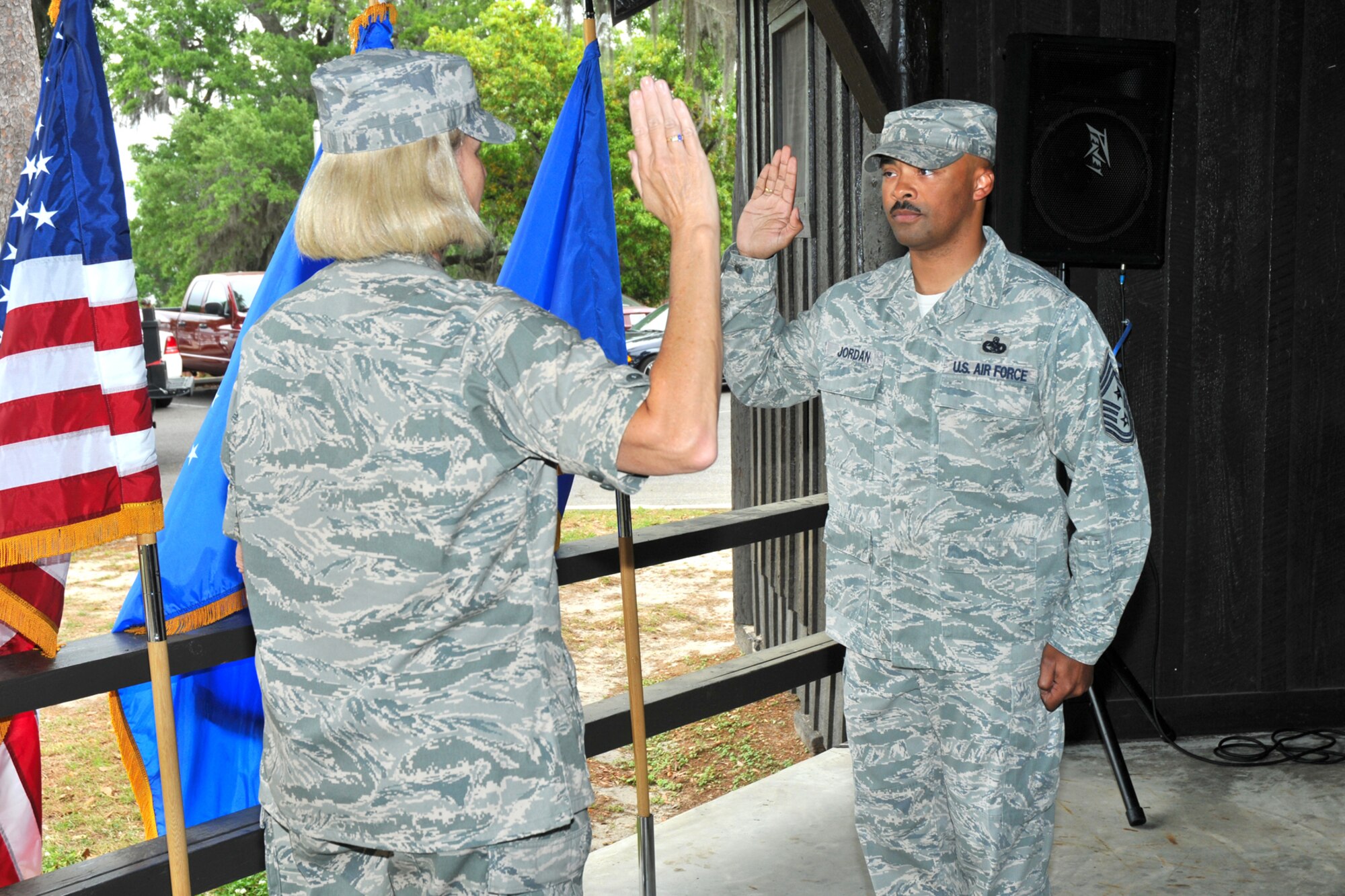 Chief Master Sgt. Linus Jordan, 2nd Air Force command chief, is reenlisted April 30, 2010 by Maj. Gen. Mary Kay Hertog, 2nd Air Force commander. Chief Jordan has served in the Air Force since 1988 and reenlisted to commit another four years.
(U.S. photo by Adam Bond)