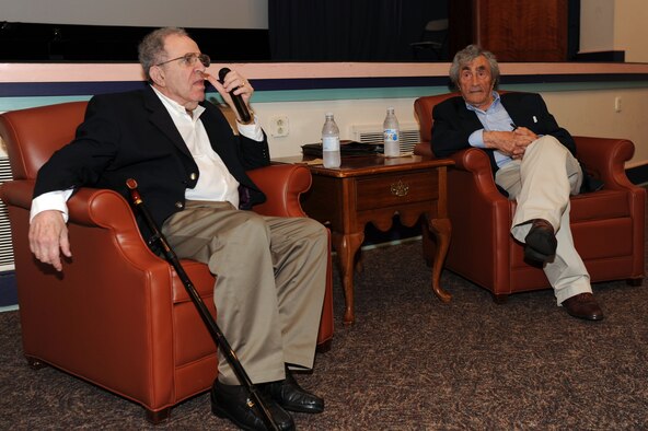Holocaust survivors Dr. Victor Sapio (left) and Herman Snyder answer questions during Hurlburt Field's Annual Holocaust Remembrance Ceremony May 4. The question and answer session offered a rare glimpse of their very different journeys. The event was hosted by the 505th Command and Control Wing on behalf of the 1st Special Operations Wing. The theme of this year's observance is "Stories of Freedom: What You Do Matters." (U.S. Air Force photo by Senior Airman Matthew R. Loken)