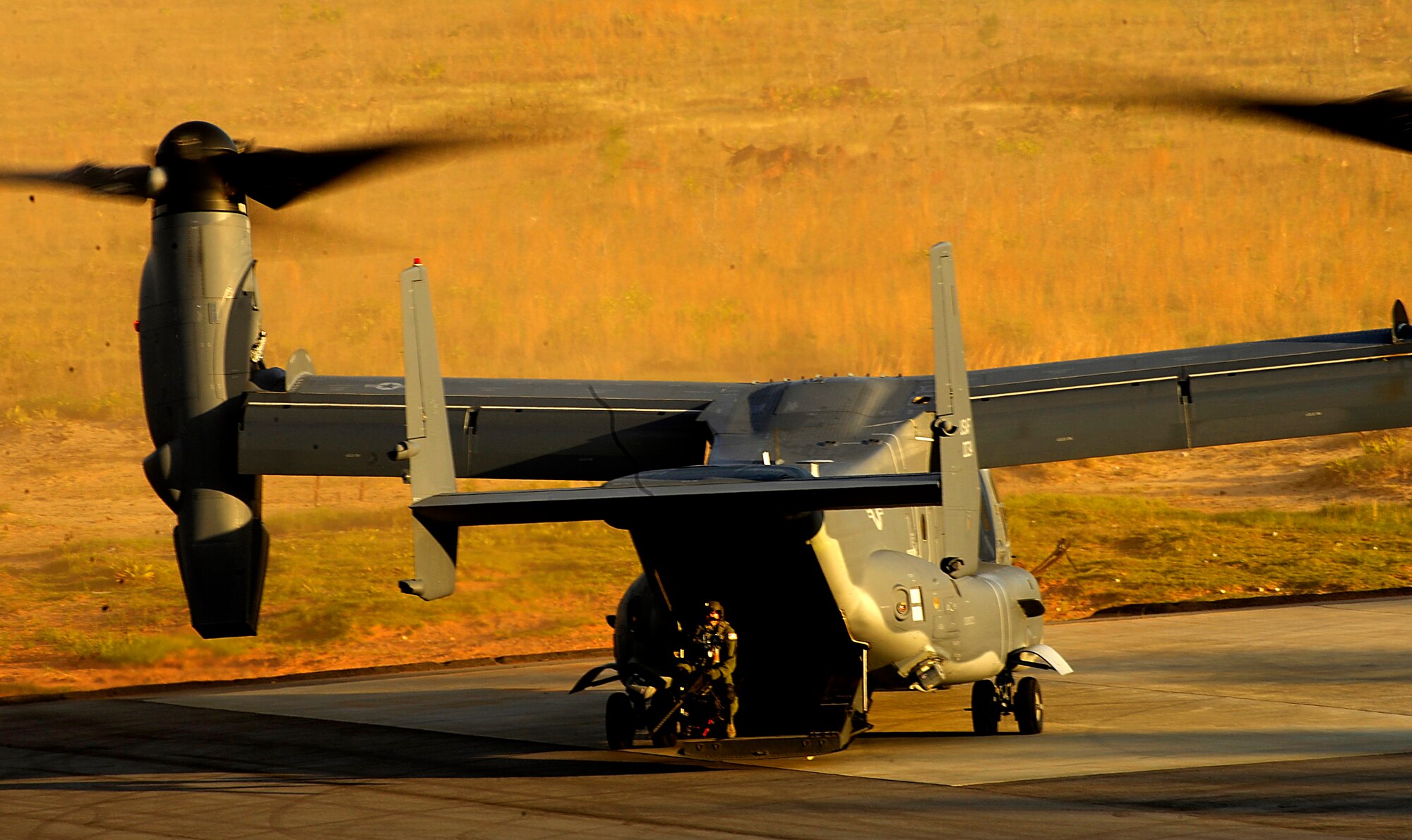 A U.S. Air Force CV-22 Osprey lands on the Eglin Air Force Range, Fla. The Osprey demonstrated some of its capabilities to participants of Joint Civilian Orientation Course (JCOC). JCOC is a Secretary of Defense sponsored program, which gives civilian community leaders the opportunity to learn about the military and national defense. (U.S. Air Force photo by Master Sgt. Russell E. Cooley IV)(Released)
