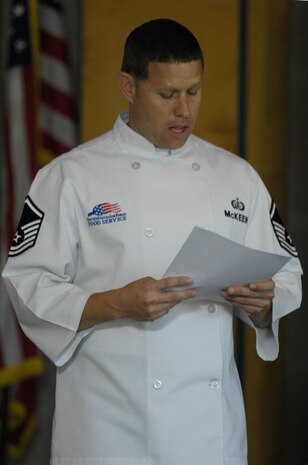 Master Sgt. Shawn McKeen speaks to Airmen from the 628th Force Support Squadron about Wingman Stand Down Day to help prevent suicides and private motor vehicle accidents at the Gaylor Dining Facility on Joint Base Charleston, S.C., May, 10, 2010. The stand down day was ordered by the Air Force Chief of Staff Gen. Norton Schwartz to halt the rising number of Airmen who are dying in reckless accidents or suicides. Common reckless behavior that leads to an accident are speeding, texting while driving, and drinking and driving. (U.S. Air Force Photo/Airman 1st Class Lauren Main)