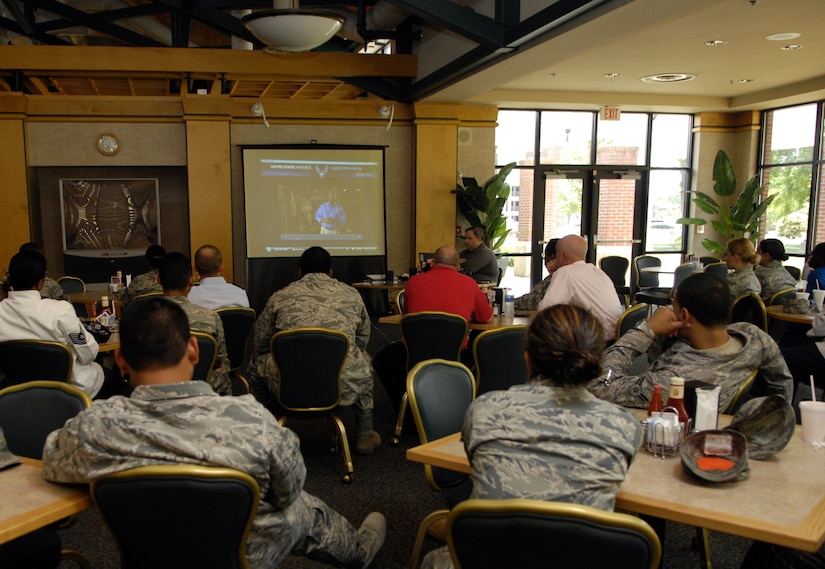 Airmen from the 628th Force Support Squadron attend Wingman Stand Down Day to help prevent suicides and private motor vehicle accidents at the Gaylor Dining Facility on Joint Base Charleston, S.C., May, 10, 2010. The stand down day was ordered by the Air Force Chief of Staff Gen. Norton Schwartz to halt the rising number of Airmen who are dying in reckless accidents or suicides. This year alone, 19 Airmen have committed suicide and are making it the second leading cause of death in the Air Force. (U.S. Air Force Photo/Airman 1st Class Lauren Main)