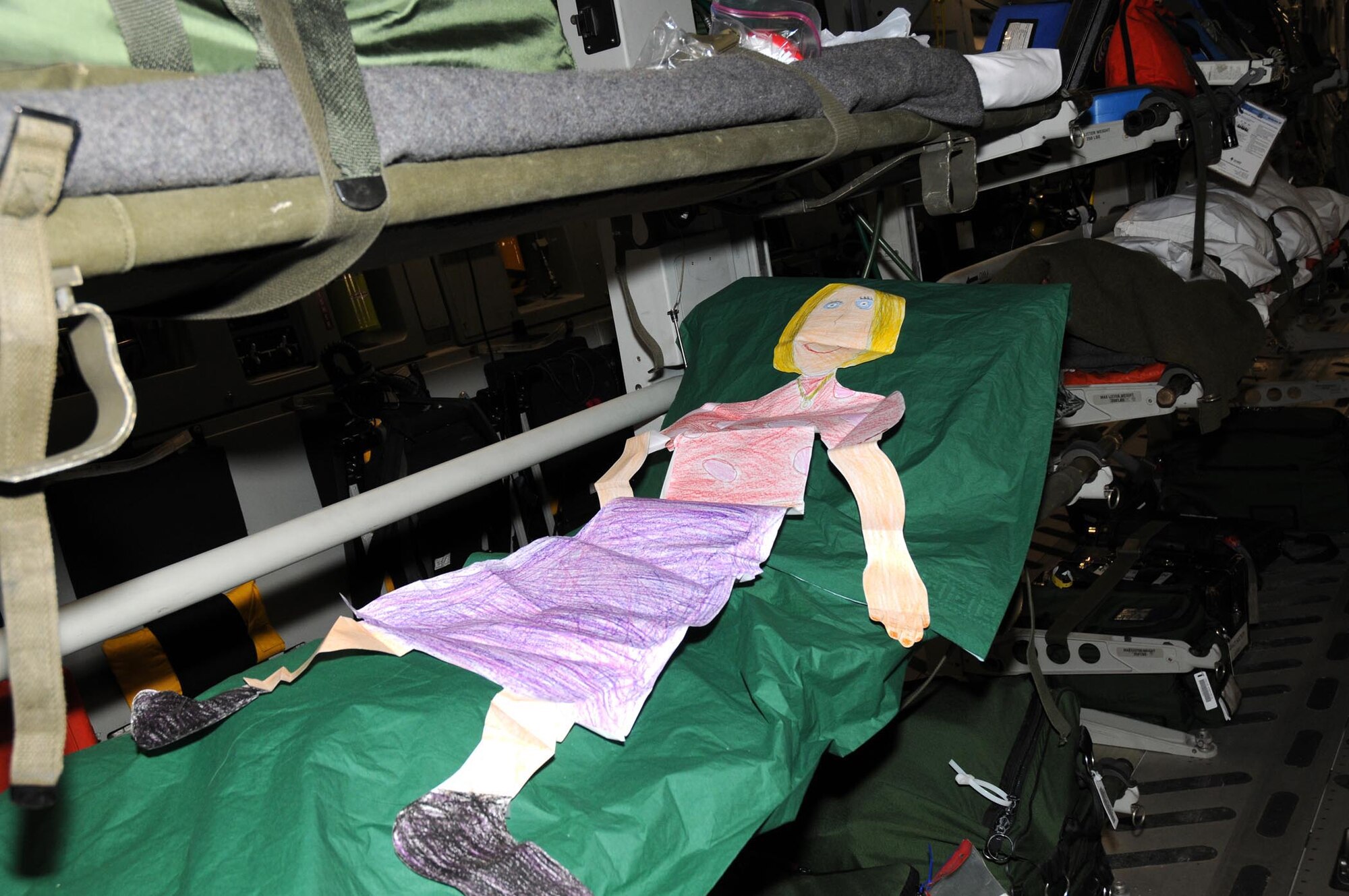 Flat Stanley, "Caroline," hitches a ride with the 326th Airlift Squadron here upon a C-17 Globemaster III May 7-9. Flat Stanley is a children's book written in 1964 by author Jeff Brown following the adventures of a completely flat boy who visits his friends by being mailed in an envelope. The Flat Stanley Project was started in 1995 by Dale Hubert, a third grade schoolteacher in Ontario, Canada. The project is intended to facilitate schoolchildren's letter-writing skills by creating a Flat Stanley and having children document where it has been through letters and pictures. Flat Stanley "Caroline" was sent to Col. Randal L. Bright, 512th Airlift Wing commander, by Caroline Friend, the 8-year old daughter of the Bright family's former neighbor while stationed at Pittsburgh International Airport Air Reserve Station. "Caroline" joined the 326th AS and the 452nd Aeromedical Evacuation Squadron, March Air Reserve Base, Calif., on a training mission extending from California to Colorado and back. (U.S. Air Force photo/Senior Airman Andria J. Allmond) 
