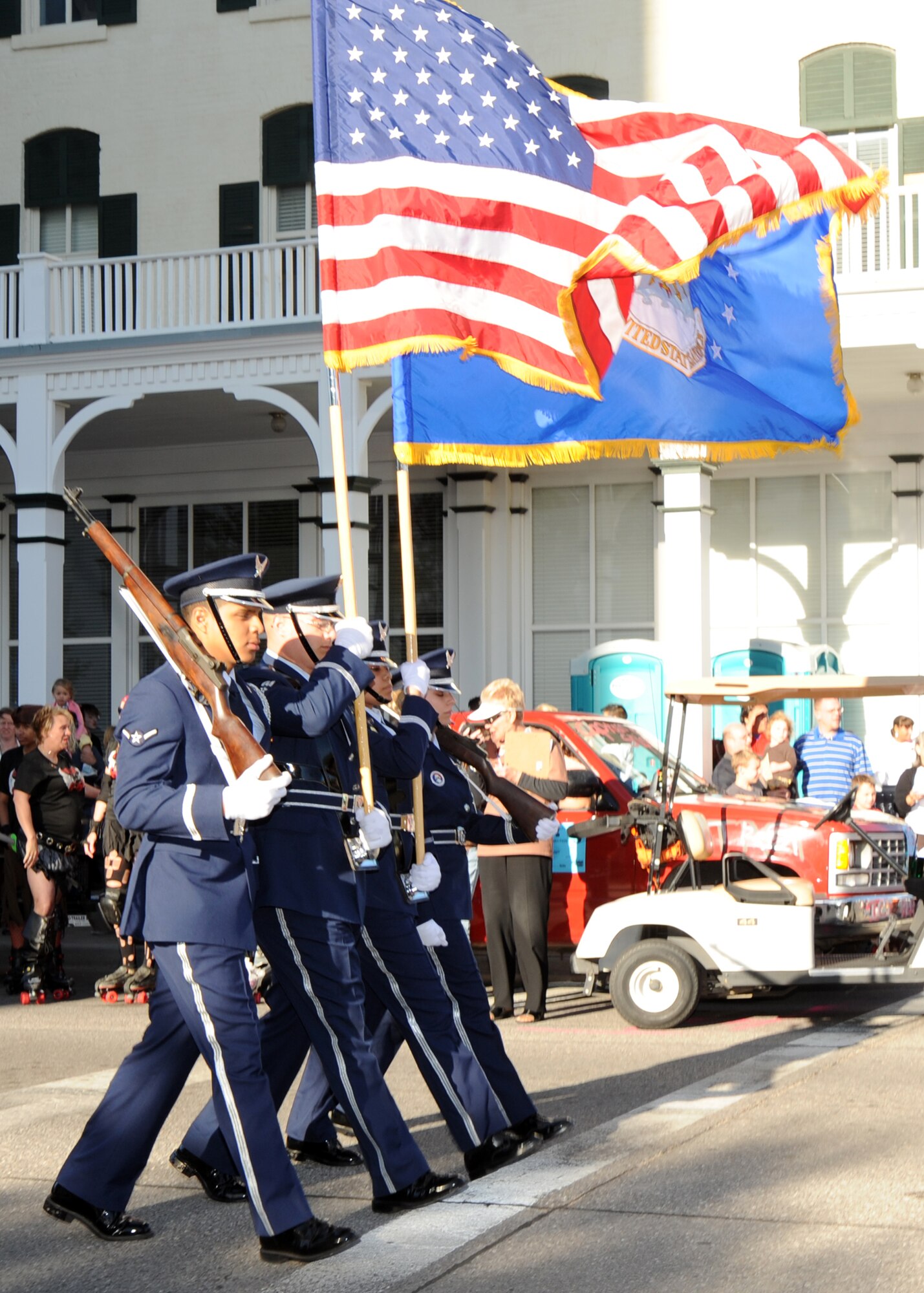 McConnell’s Base Honor Guard leads the way for the annual Sundowner Parade May 7, 2010, downtown Wichita, Kan. The parade had an estimated attendance of 40,000 people. The McConnell Honor Guard's primary mission is to represent Airmen to the local community by showcasing Air Force precision and professionalism. (U.S. Air Force photo/Airman 1st Class Andrea Salazar)