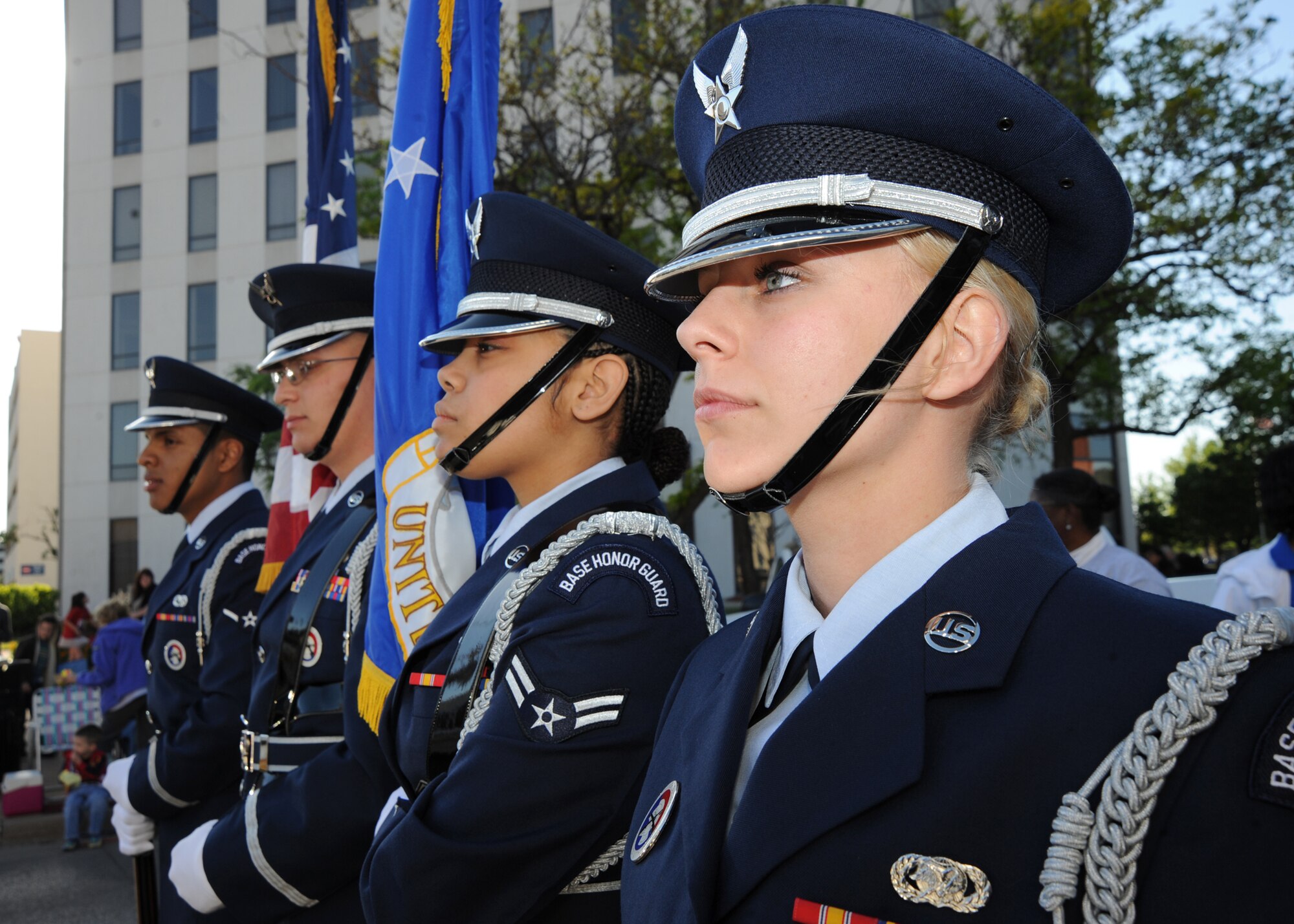 McConnell’s Base Honor Guard prepare for the annual Sundowner Parade May 7, 2010, downtown Wichita, Kan. More than 200 Airmen represented McConnell during the Sundowner Parade. The parade traditionally marks the beginning of the Wichita River Festival which lasts ten days and is the only event of its size held in the Mid-West during May. (U.S. Air Force photo/Airman 1st Class Andrea Salazar) 