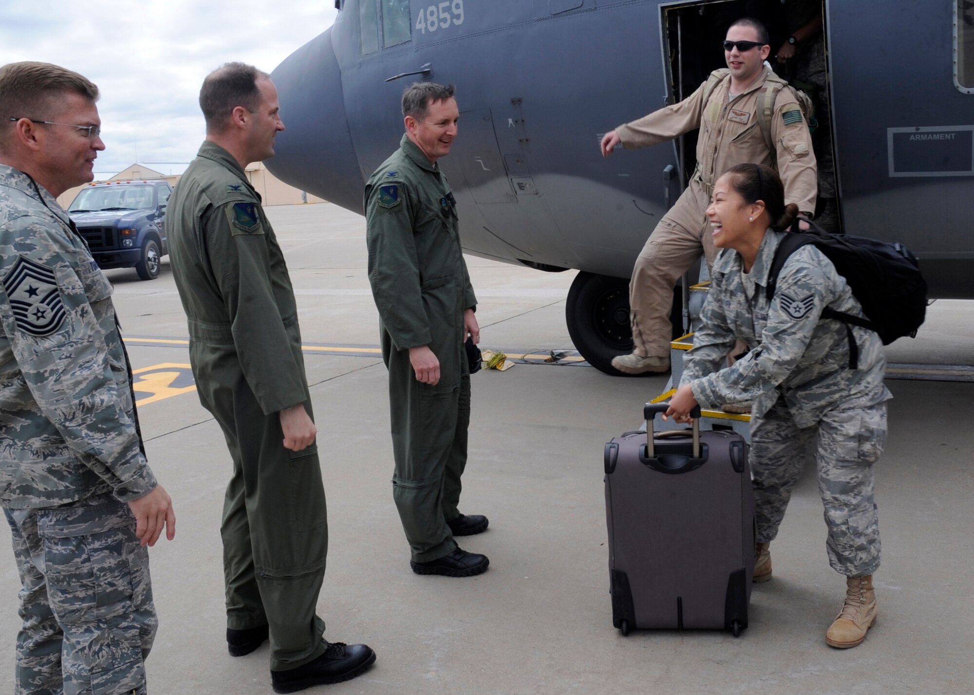 Cannon Airmen are greeted by base leadership as they return from overseas deployments.  Operation Homecoming welcomed back Airmen from several base squadrons May 8. (U.S. Air Force Photo by Senior Airman Evelyn Chavez)
