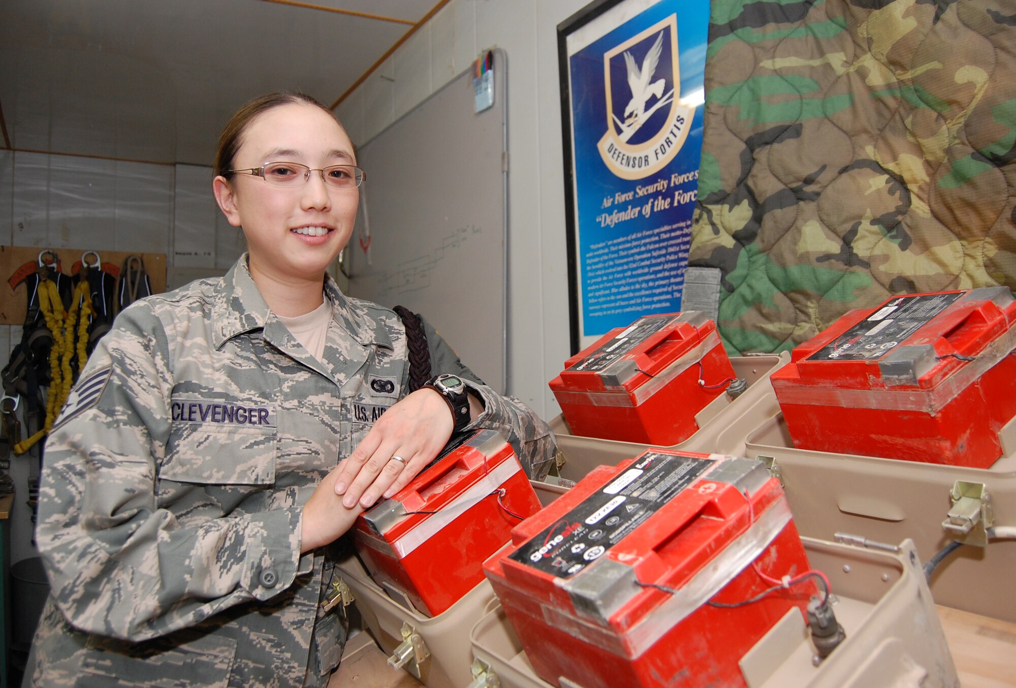 U.S. Air Force Staff Sgt. Kelly Clevenger, 386th Expeditionary Security Forces Squadron tactical automated security system and investigations NCO in charge, is a Sacramento, Calif. native deployed from Randolph Air Force Base, Texas. (U.S. Air Force photo by Staff Sgt. Lakisha A. Croley/Released)