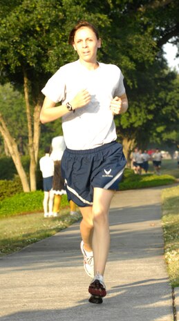 U.S. Air Force 1st Lt. Michaela Judge finishes first for the females during the Commander's Fitness Challenge on Joint Base Charleston, S.C., May 7, 2010.This month's run was shortened due to construction in areas where the run normally passes through. Lieutenant Judge finished the 2.5 mile course in 17 minutes and 50 seconds. Lieutenant Judge is a Public Affairs Officer with the 628th Air Base Wing. (U.S. Air Force Photo/Airman 1st Class Lauren Main)