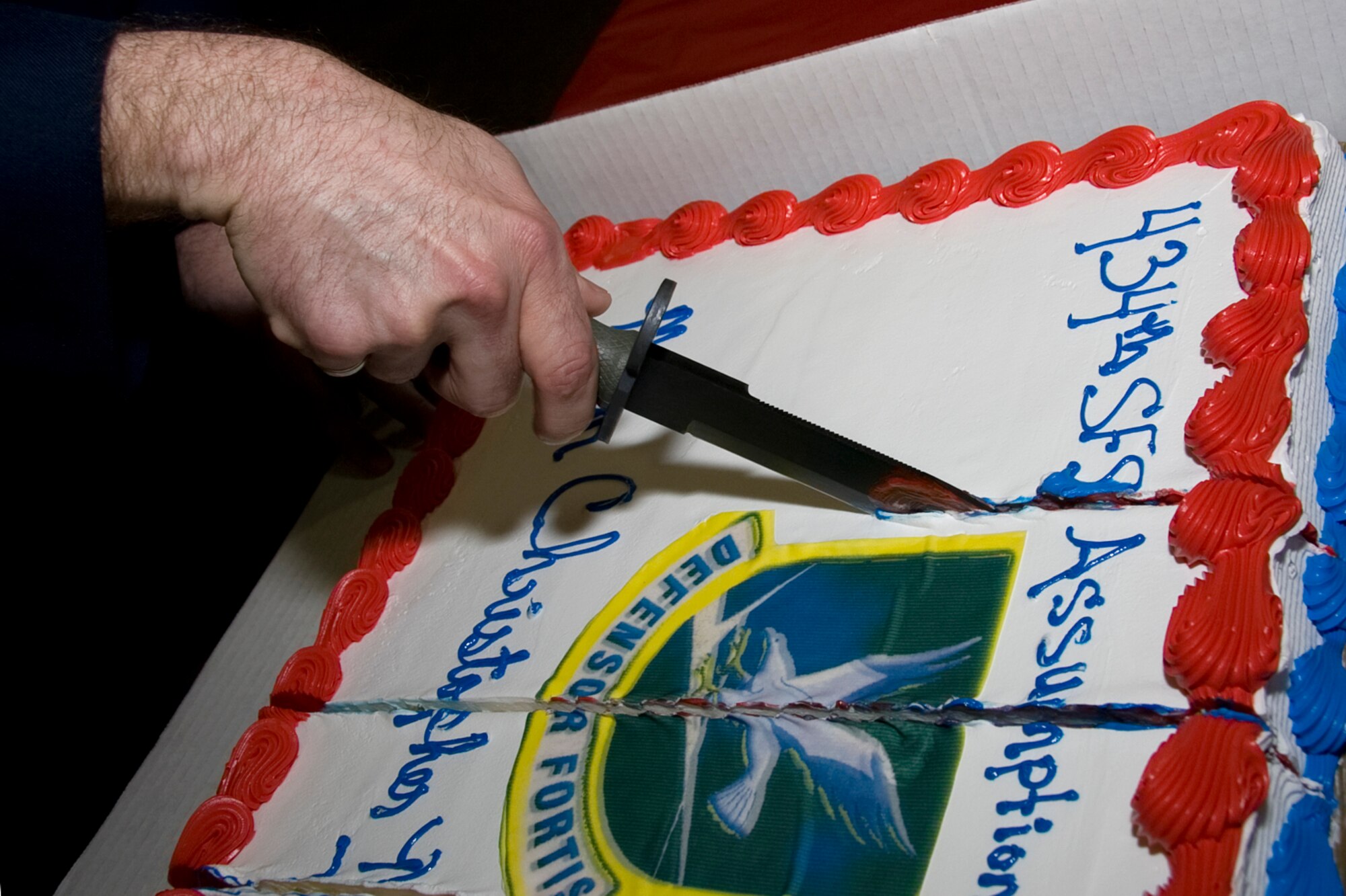 GRISSOM AIR RESERVE BASE, Ind. -- Maj. Christopher Witter uses a bayonet to cut a cake following his assumption of command of the 434th Security Forces Squadron commander during the May unit training assembly. (U.S. Air Force photo/Tech. Sgt. Mark R. W. Orders-Woempner)