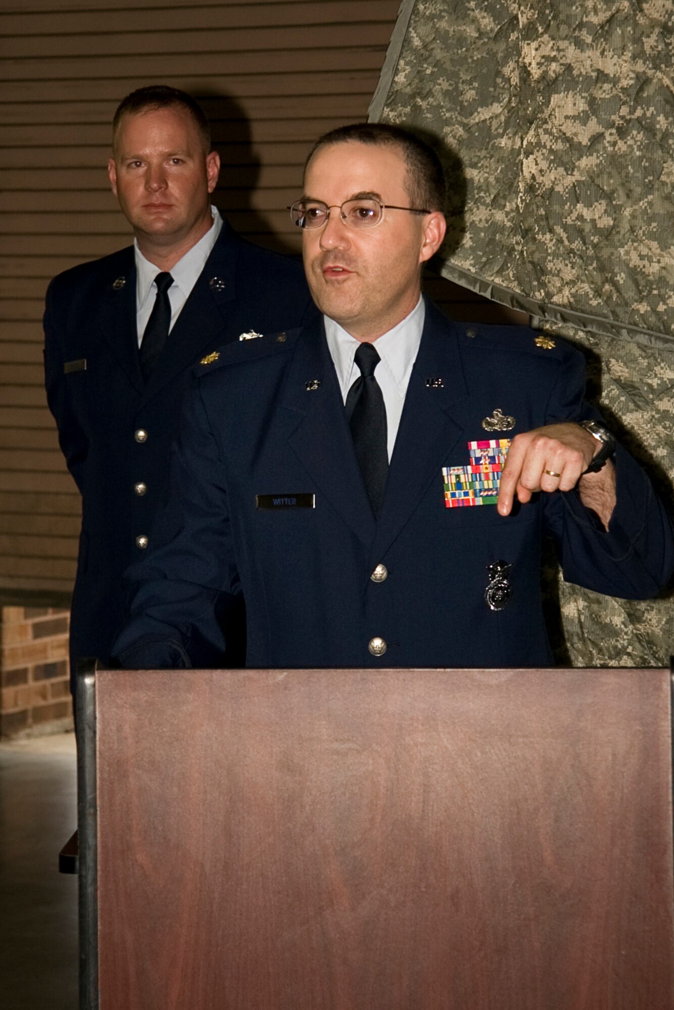 GRISSOM AIR RESERVE BASE, Ind. -- Maj. Christopher Witter, 434th Security Forces Squadron, addresses his troops after assuming command during the May unit training assembly. Major Witter comes to Grissom from the 213th Space Warning Squadron at Clear Air Force Station, Alaska. (U.S. Air Force photo/Tech. Sgt. Mark R. W. Orders-Woempner)