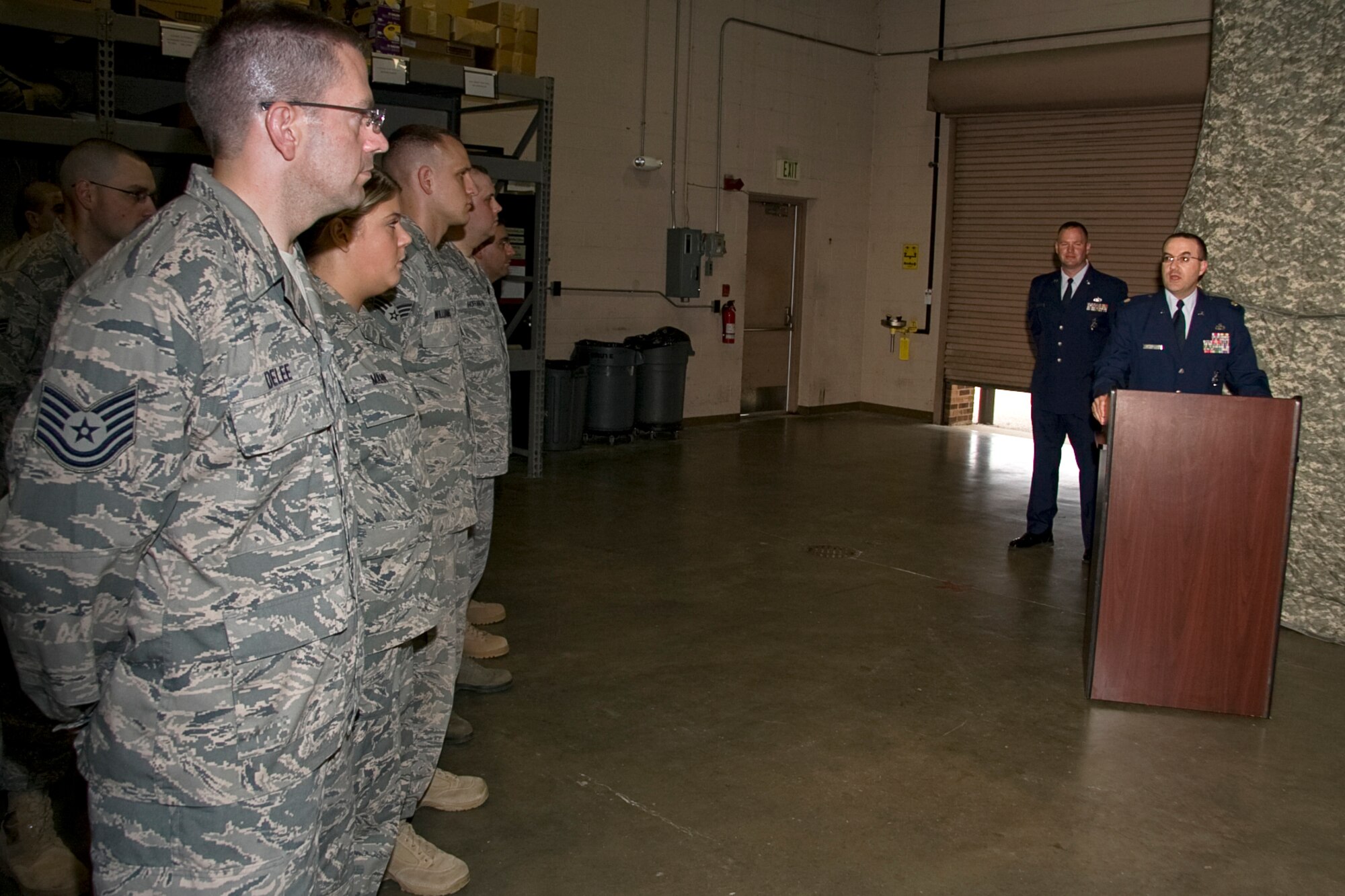 GRISSOM AIR RESERVE BASE, Ind. -- Shortly after assuming command of the 434th Security Forces Squadron, Maj. Christopher Witter addresses his unit during the May unit training assembly. (U.S. Air Force photo/Tech. Sgt. Mark R. W. Orders-Woempner)