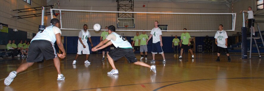 The 436th Medical Group players fought against the 436th Logistics Readiness Squadron in three volleyball games May 4 at the Fitness Center. The 436th LRS team won in the final game 15-3. (U.S. Air Force photo/Airman 1st Class Shen-Chia Chu)