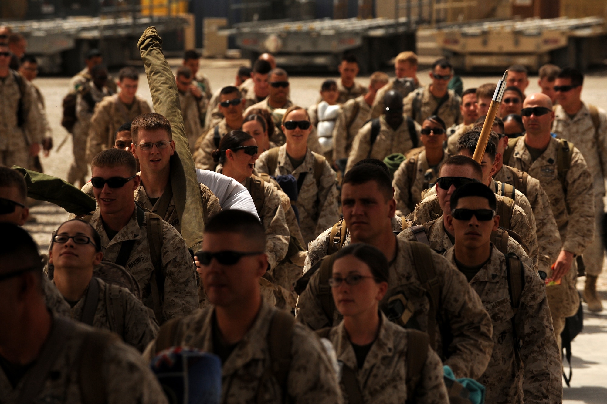 U.S Marines load up on a  C-17 Globemaster III assigned to the 14th Airlift Squadron at Charleston Air Force Base, S.C., April 20, 2010, at Camp Bastion, Afghanistan.  (U.S. Air Force photo/Staff Sgt. Manuel J. Martinez/released)