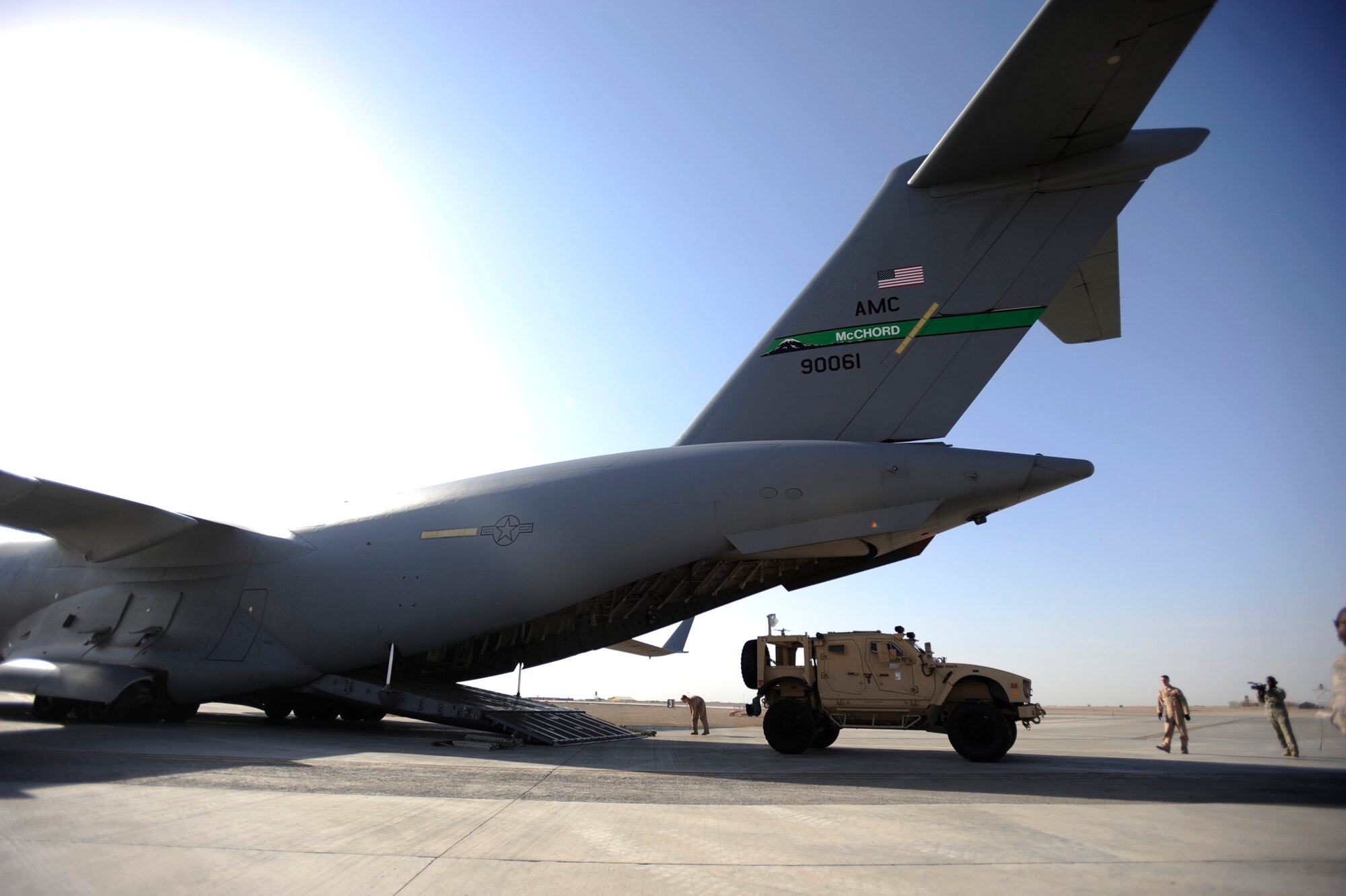 Aerial porters assigned to the 451st Expeditionary Logistics Readiness Squadron's Detachment 1, offload an Oshkash M-ATV vehicle from a C-17 Globemaster III, April 20, 2010, at Camp Bastion, Afghanistan. ?MATVs are one of the most common things we deliver here,? said Lt. Col. Melissa Coburm, a C-17 Globemaster III pilot from the 732nd Expeditionary Airlift Squadron at the Transit Center at Manas, Kyrgyzstan.  ?I feel important bringing better technology to our troops on the ground. It is good to know that we are making a difference,? added the Colonel who is a reservist deployed from McGuire-Dix-Lakehurst, N.J.  (U.S. Air Force photo/Staff Sgt. Manuel J. Martinez/released)