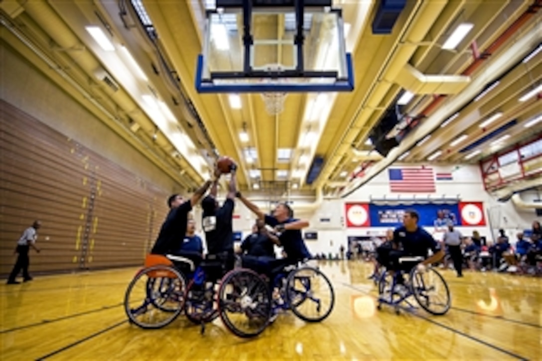 Navy loses to Army in their first preliminary wheelchair basketball game at the inaugural Warrior Games at the U.S. Olympic Training Center in Colorado Springs, Colo., May 11, 2010. Nearly 200 wounded, ill or injured personnel from all service branches are competing in the games, which run through May 14.