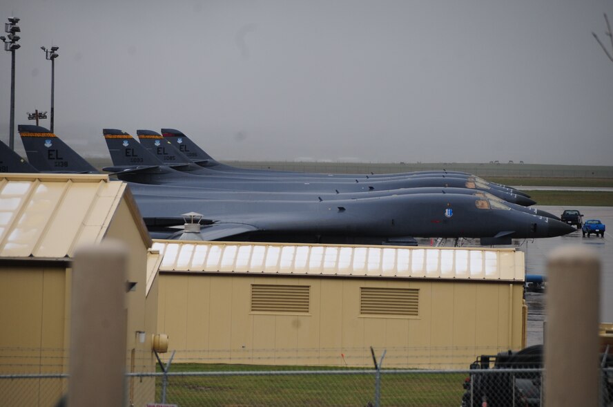ELLSWORTH AIR FORCE BASE, S.D. – During a phase II Operational Readiness Exercise, B-1B Lancers sit lined up, May 12.  The exercise tested Airmen across the base on their ability to operate in a deployed environment. (U.S. Air Force photo/Airman 1st Class Anthony Sanchelli)