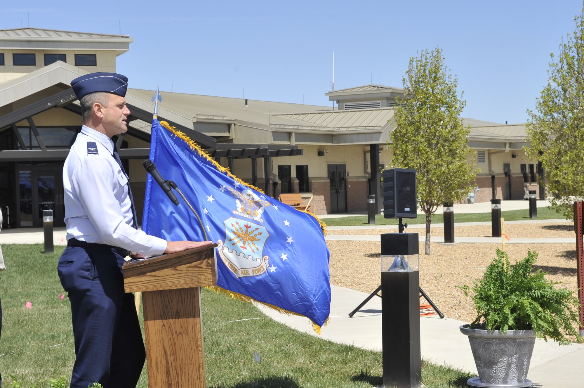 BUCKLEY AIR FORCE BASE, Colo. -- Col. Trent Pickering, 460th Space Wing vice commander, gives opening remarks during the groundbreaking ceremony for a new youth center next to the A-Basin Child Development Center. (U.S. Air Force photo by Airman 1st Class Paul Labbe)