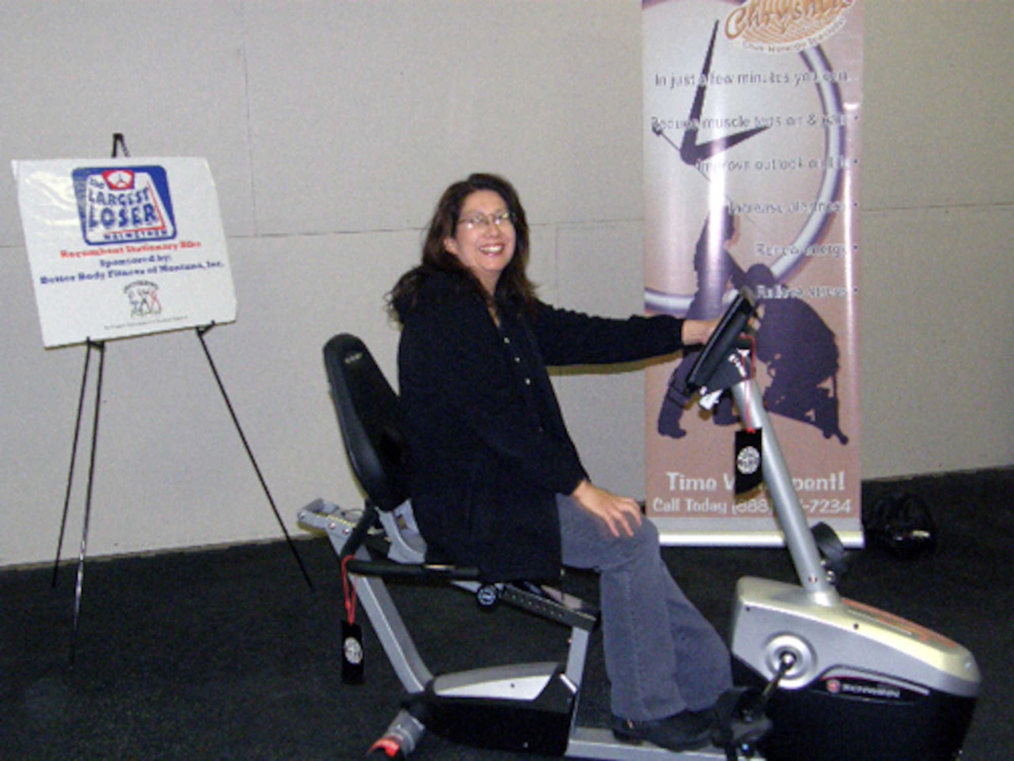 Mrs. Elaine Frankhouser won the better body recumbent bicycle as a first place prize in The Largest Loser competition at Malmstrom Air Force Base. She lost 26 pounds, which is a loss of 13.8% from her original measurement. The program was designed to help Malmstrom active-duty and beneficiaries lose weight and gain education that will help them maintain their weight loss for the long term. The Largest Loser ran from Feb. 8 through May 3. (courtesy photo)
