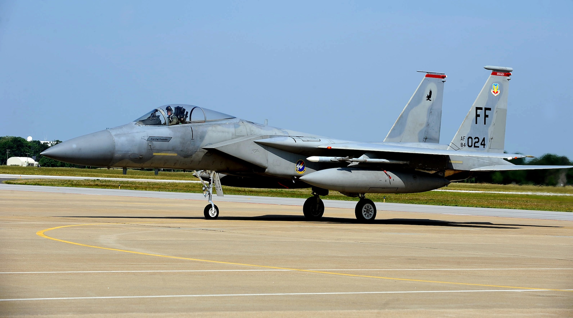 LANGLEY AIR FORCE BASE, Va. - Lt. Col. Joel Cook, 71st Fighter Squadron commander, taxis in an F-15 Eagle equipped with the V3 radar. The flight marks the first active duty operational flight in the Air Force for the radar, which will turn the F-15s into multi-role fighters.  (U.S. Air Force photo/Airman 1st Class Gul Crockett)