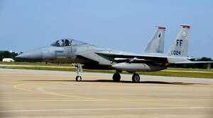 LANGLEY AIR FORCE BASE, Va. - Lt. Col. Joel Cook, 71st Fighter Squadron commander, taxis in an F-15 Eagle equipped with the V3 radar. The flight marks the first active duty operational flight in the Air Force for the radar, which will turn the F-15s into multi-role fighters.  (U.S. Air Force photo/Airman 1st Class Gul Crockett)